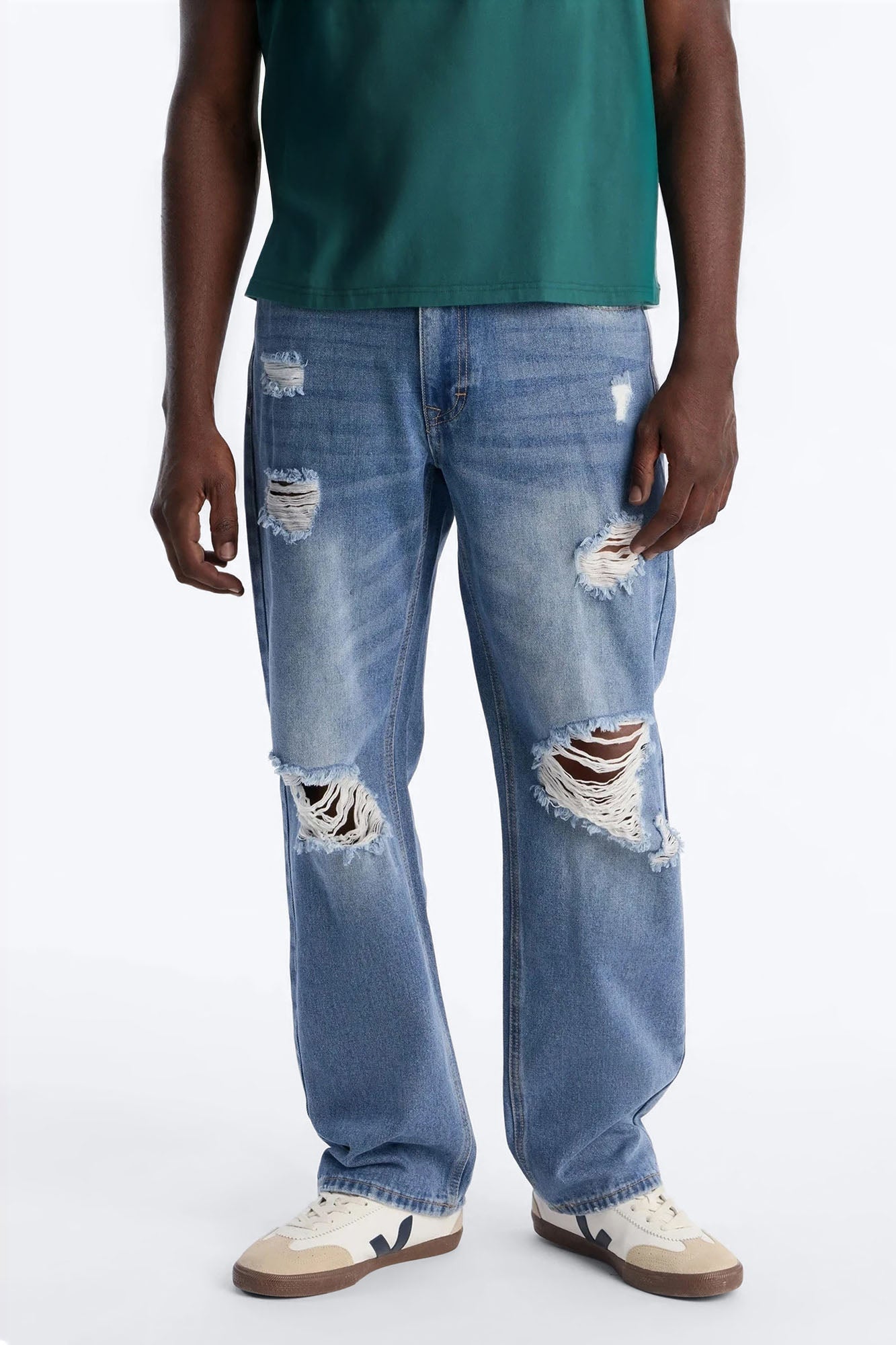 Essential Destroyed Straight Rigid Jean - Medium Blue Wash