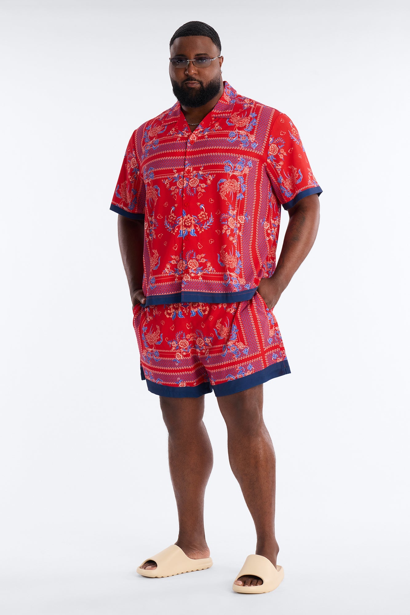 Relaxed Mirage Bloom Cuban Collar Button Shirt - Red
