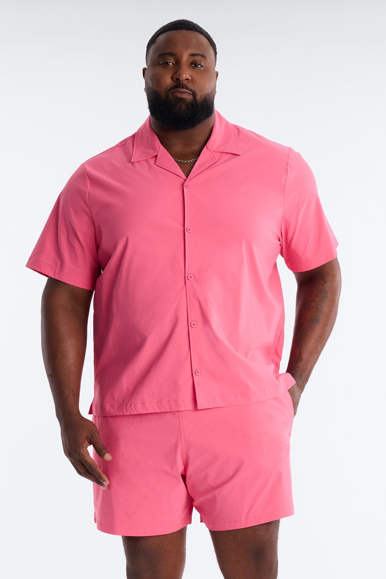 Montez Cuban Collar Button Up Shirt - Hot Pink