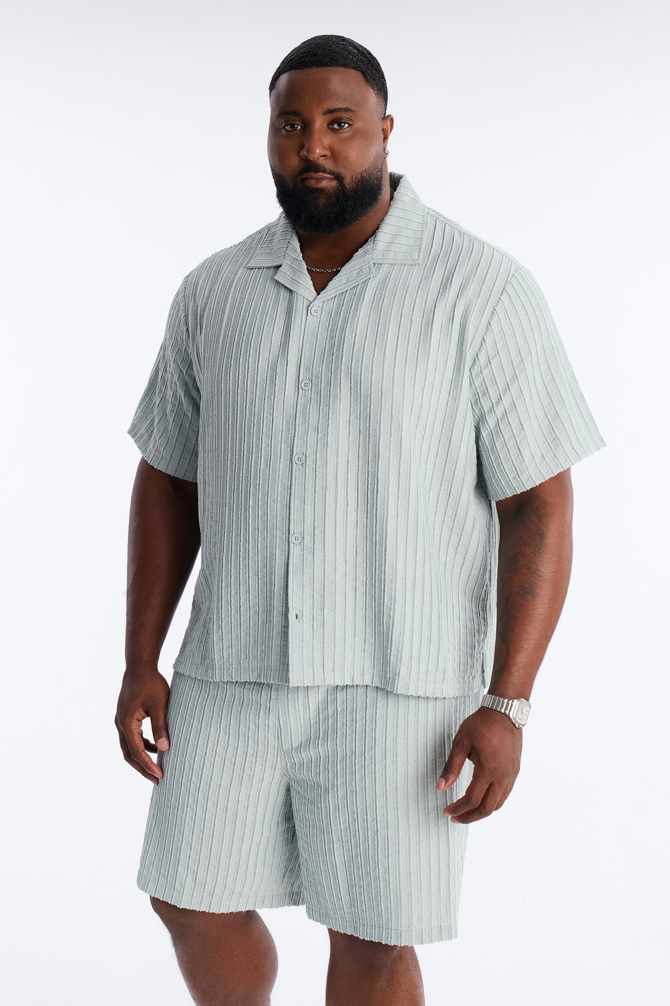 Relaxed Aegean Pleat Cuban Collar Button Up - Sage