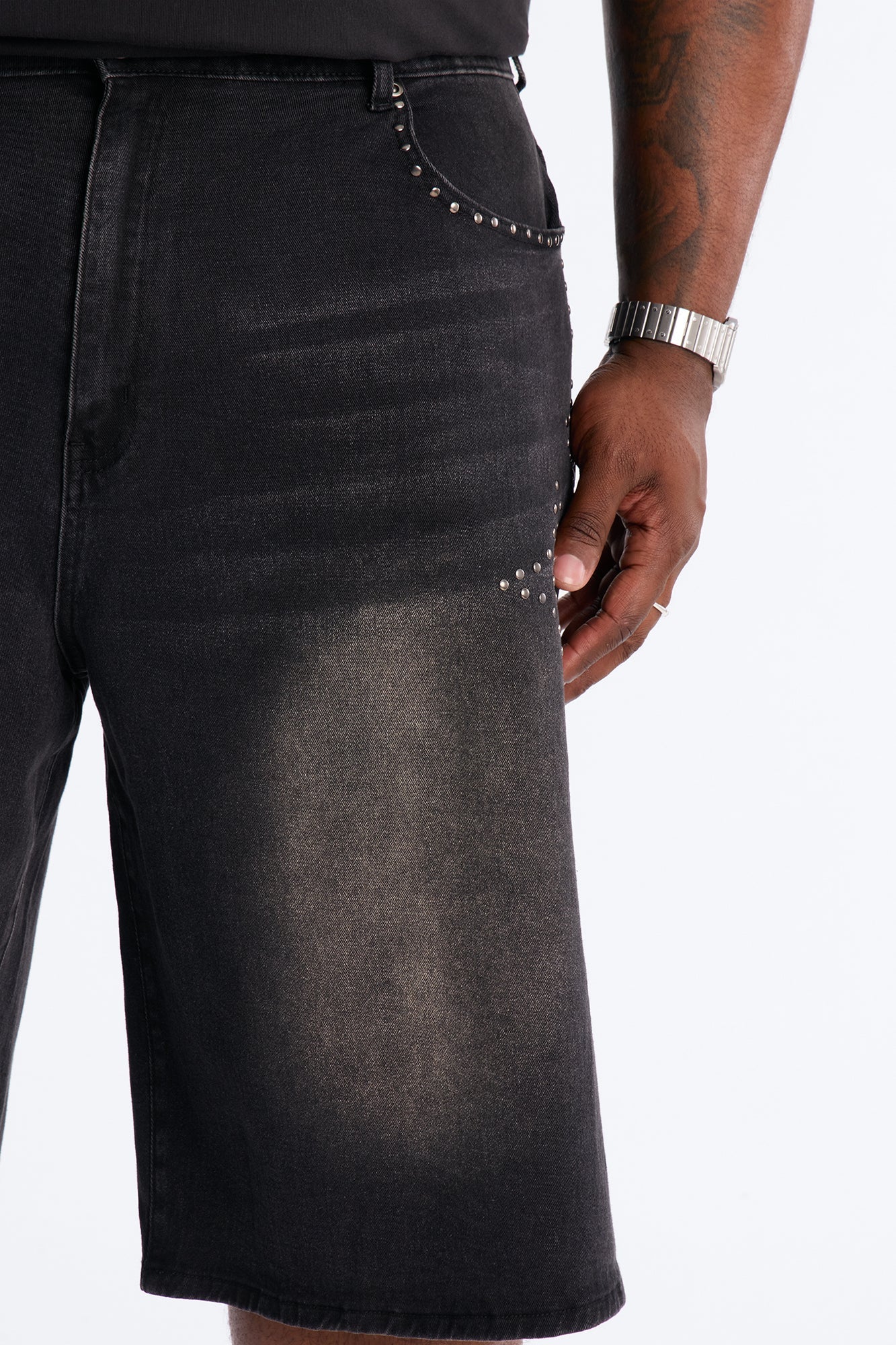 In Denim We Trust Baggy Studded Denim Short - Black Wash