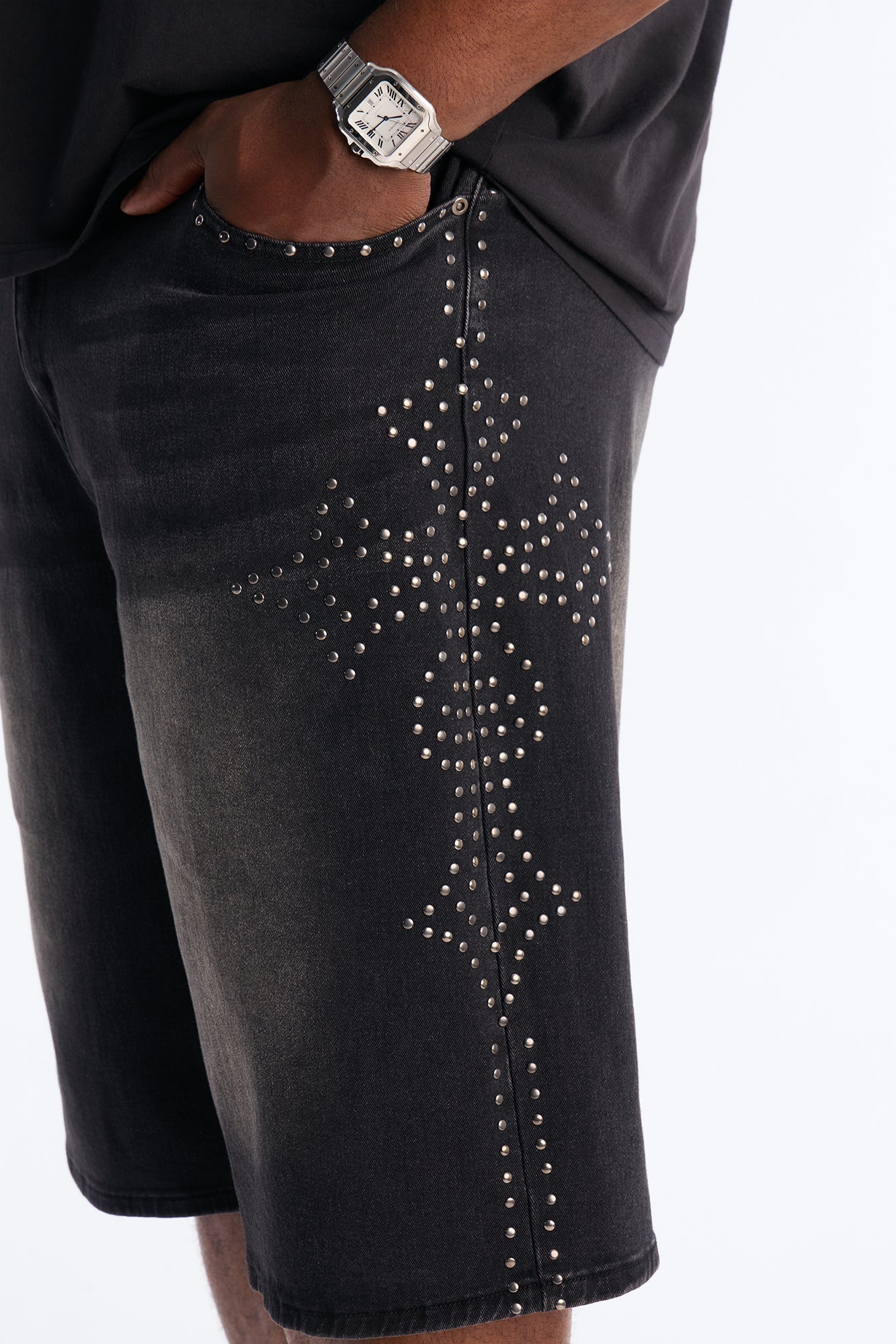 In Denim We Trust Baggy Studded Denim Short - Black Wash