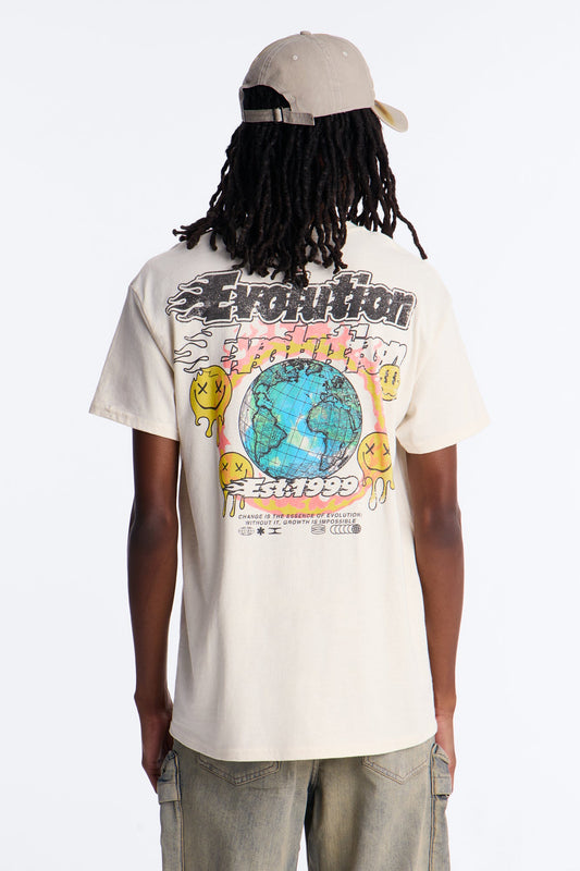 Evolution Smiley Face Vintage Oversized Short Sleeve Tee - Natural