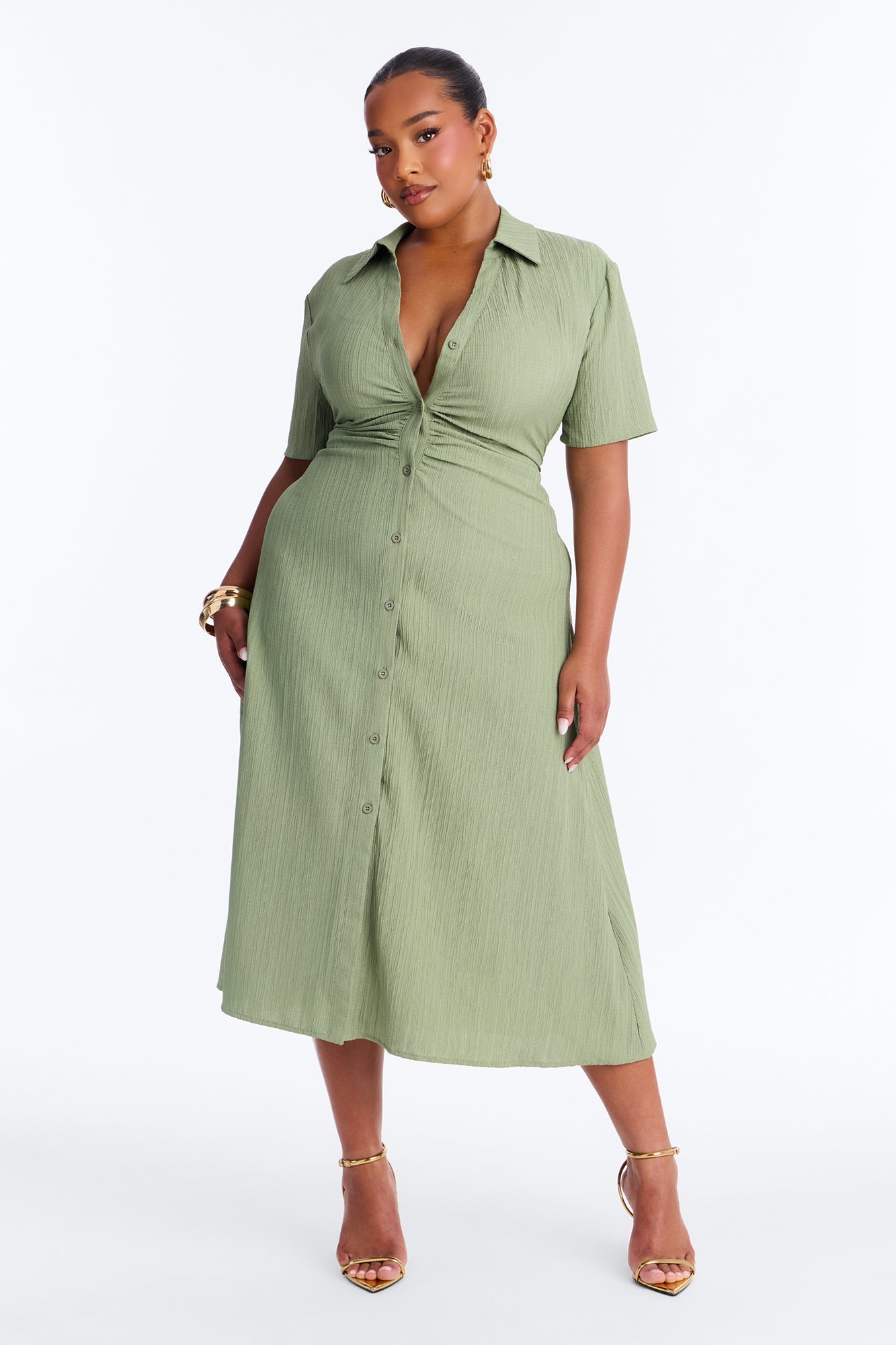 Carmen Ruched Shirt Midi Dress - Olive Fashion Nova