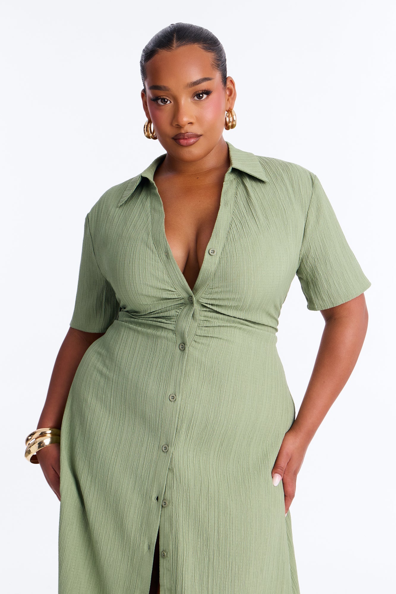Carmen Ruched Shirt Midi Dress - Olive Fashion Nova