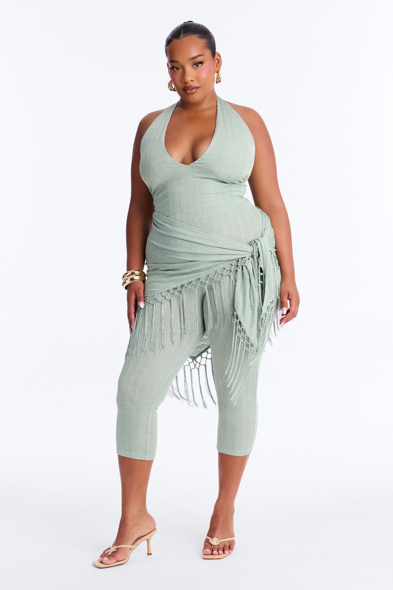 Emme Waist Tie Capri Catsuit - Sage NEWFASHIONEDGE