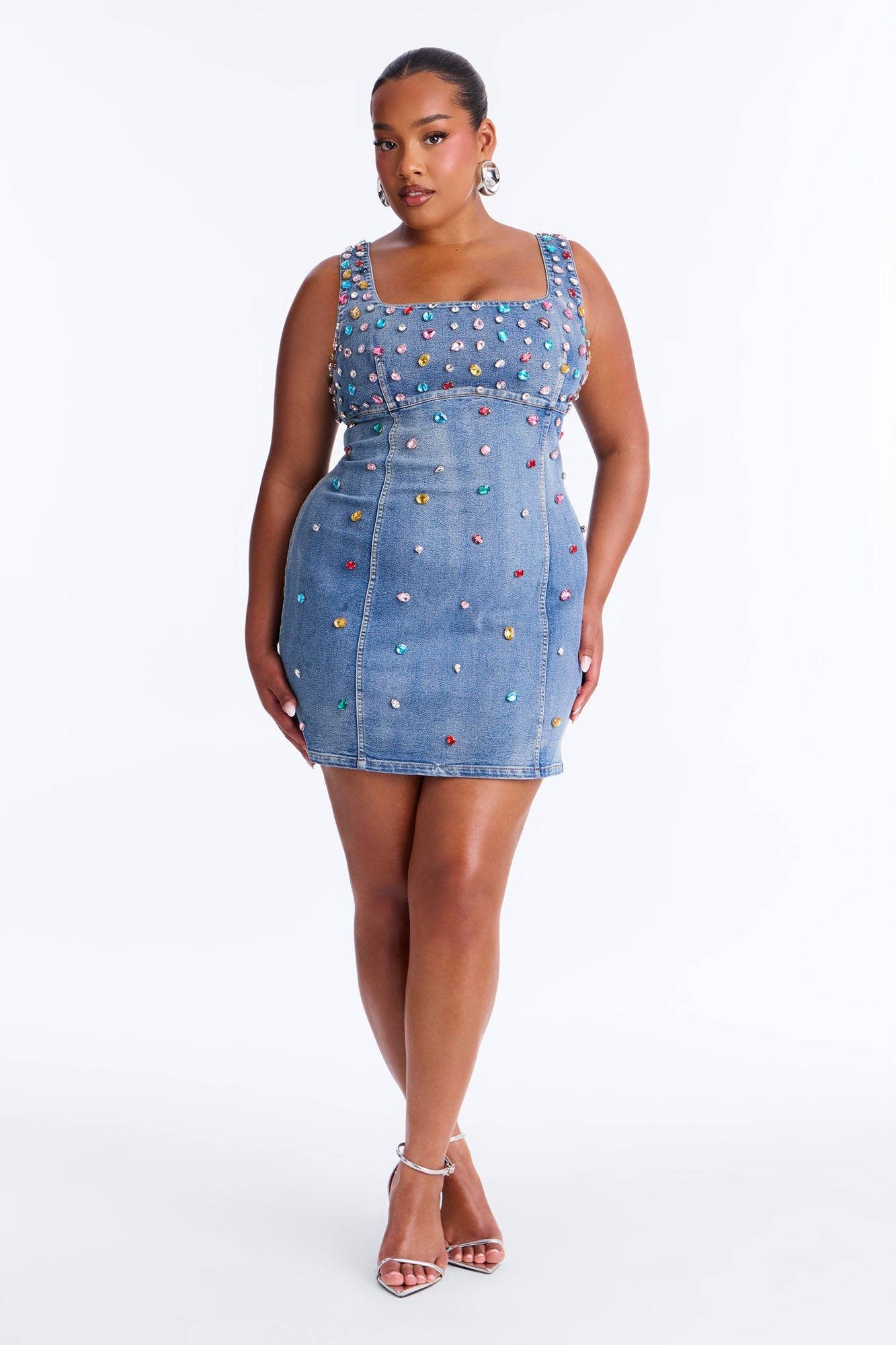 What A Gem Rhinestone Denim Mini Dress - Denim Fashion Nova
