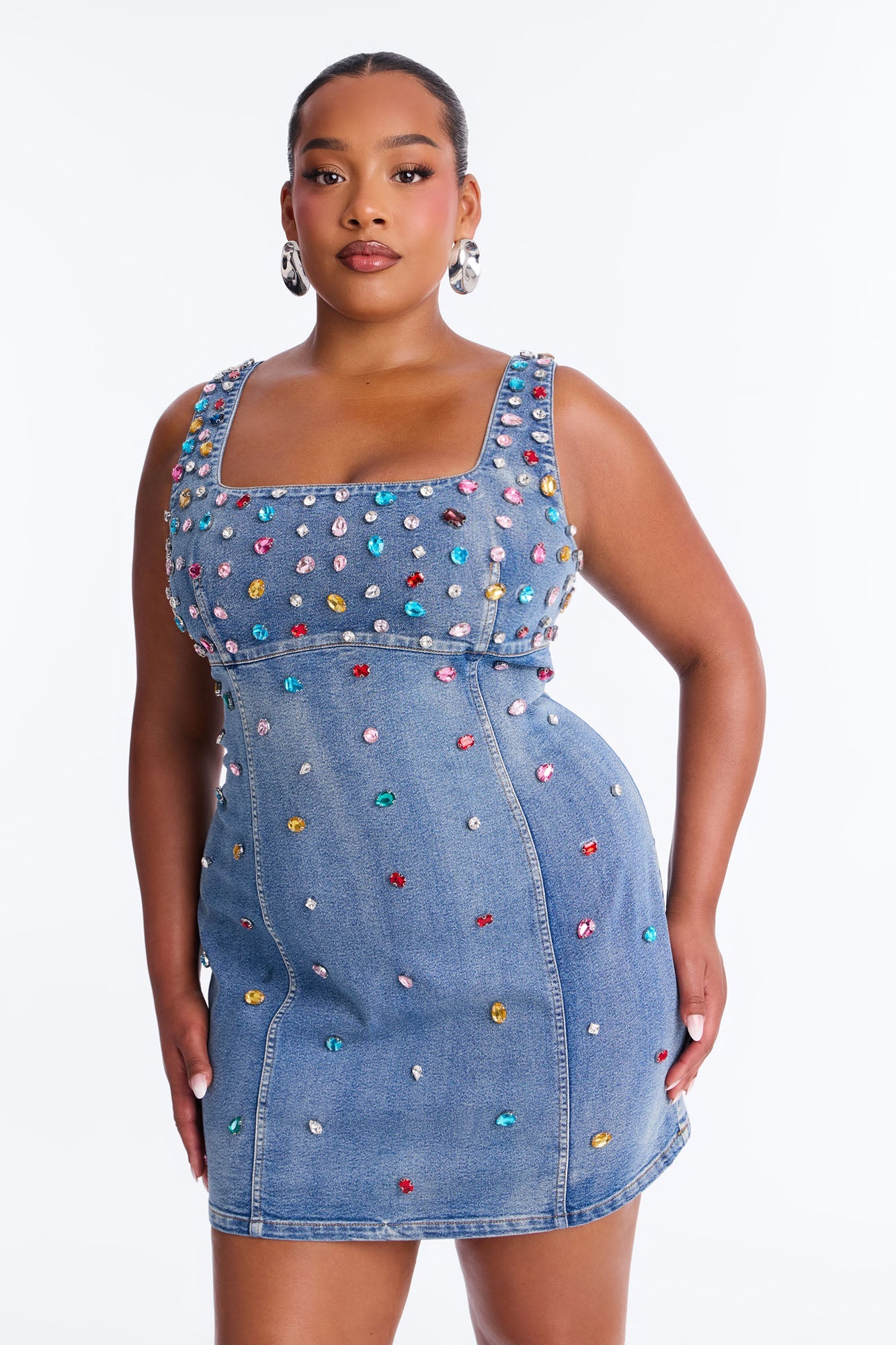 What A Gem Rhinestone Denim Mini Dress - Denim Fashion Nova