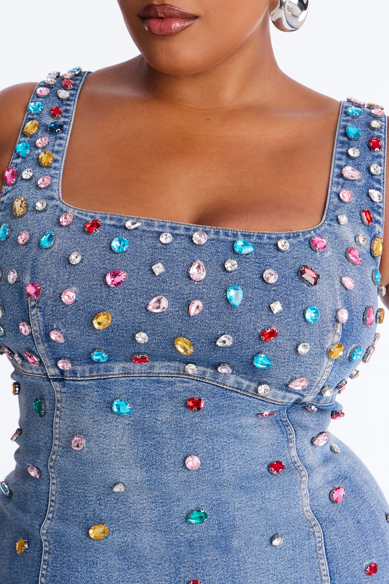 What A Gem Rhinestone Denim Mini Dress - Denim Fashion Nova