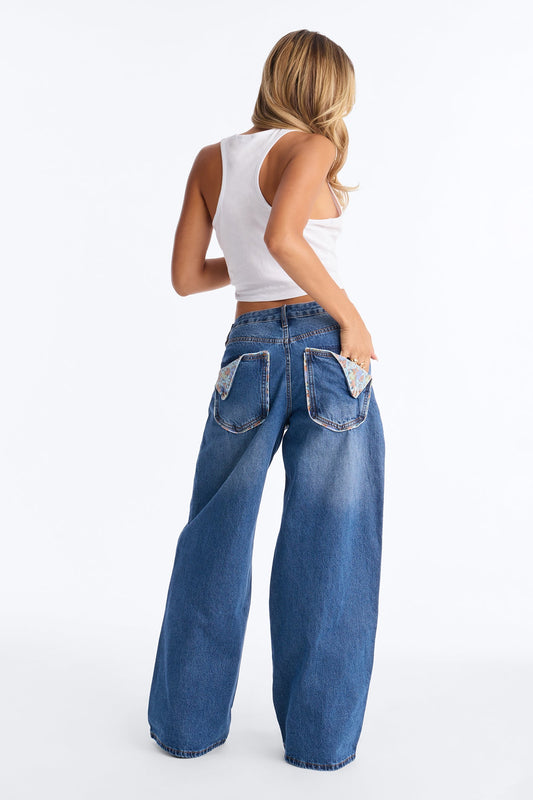 Ready To Grow Floral Wide Leg Jeans - Medium Wash