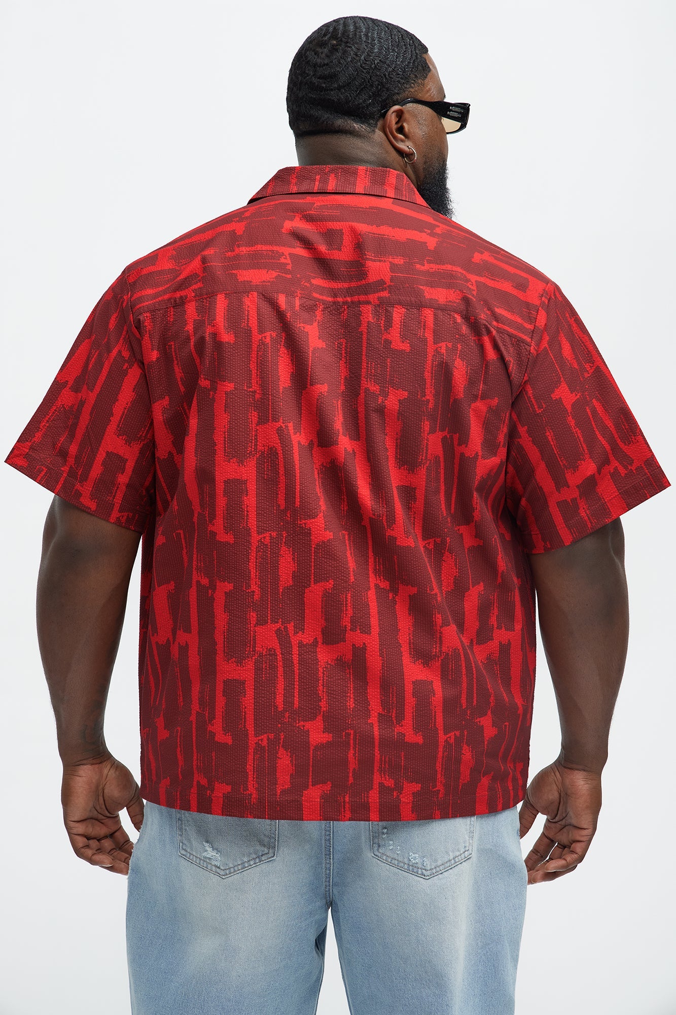 Seersucker Printed Short Sleeve Cuban Collar Shirt - Red/combo