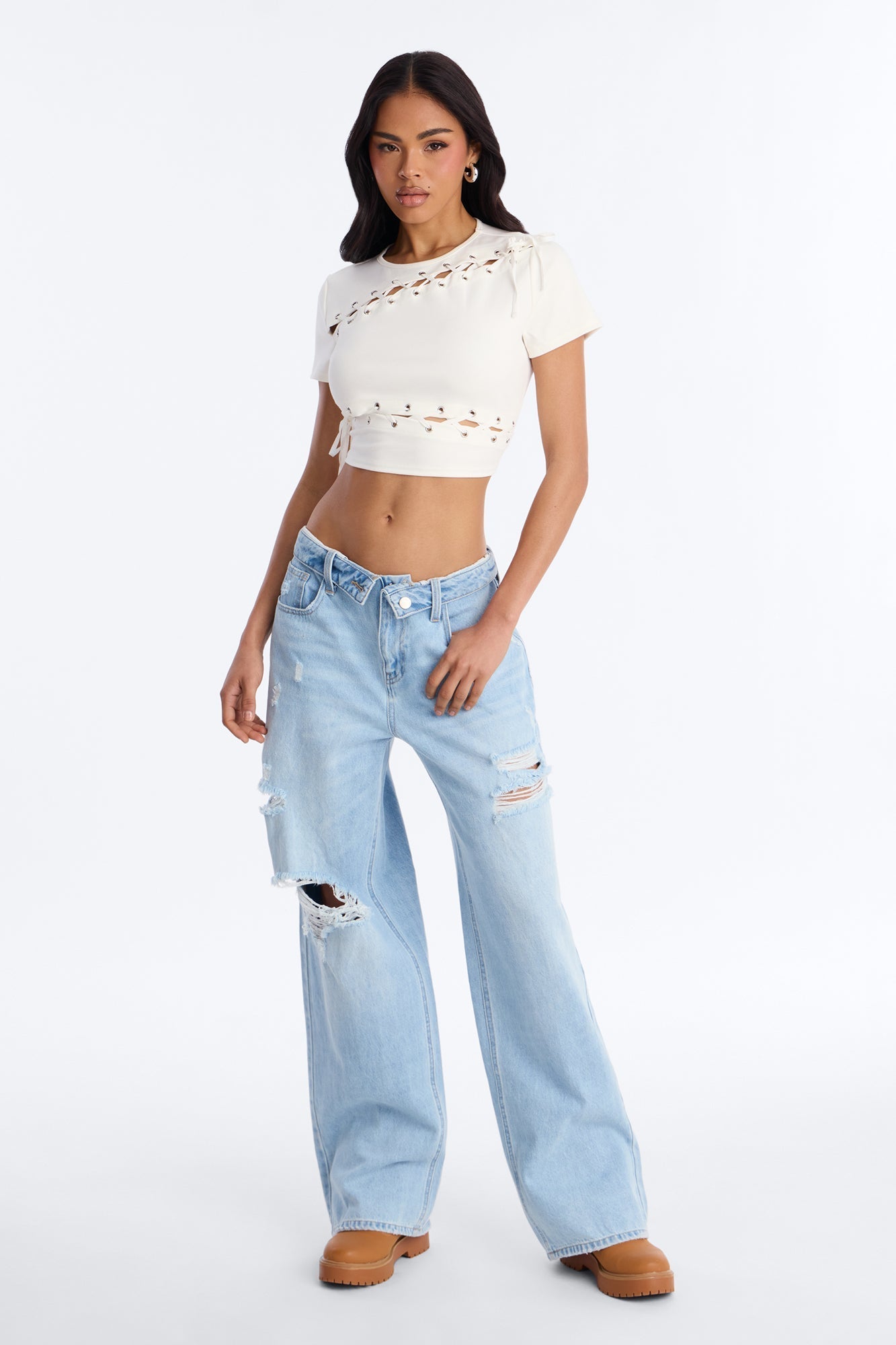 Pull My Heartstrings Lace Up Short Sleeve Top - White NEWFASHIONEDGE