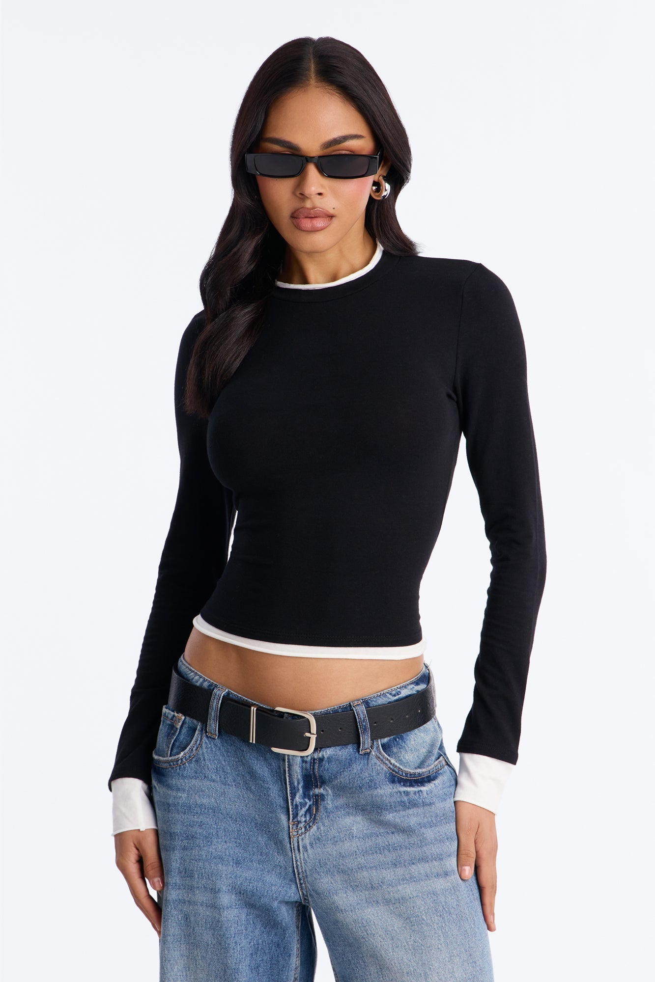 Effortless Edge Contrast Long Sleeve Top - Black/combo NEWFASHIONEDGE