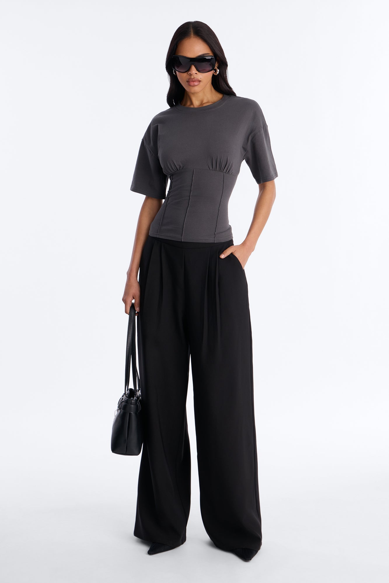 Kaylee Cinched Waist Short Sleeve T-Shirt - Charcoal NEWFASHIONEDGE