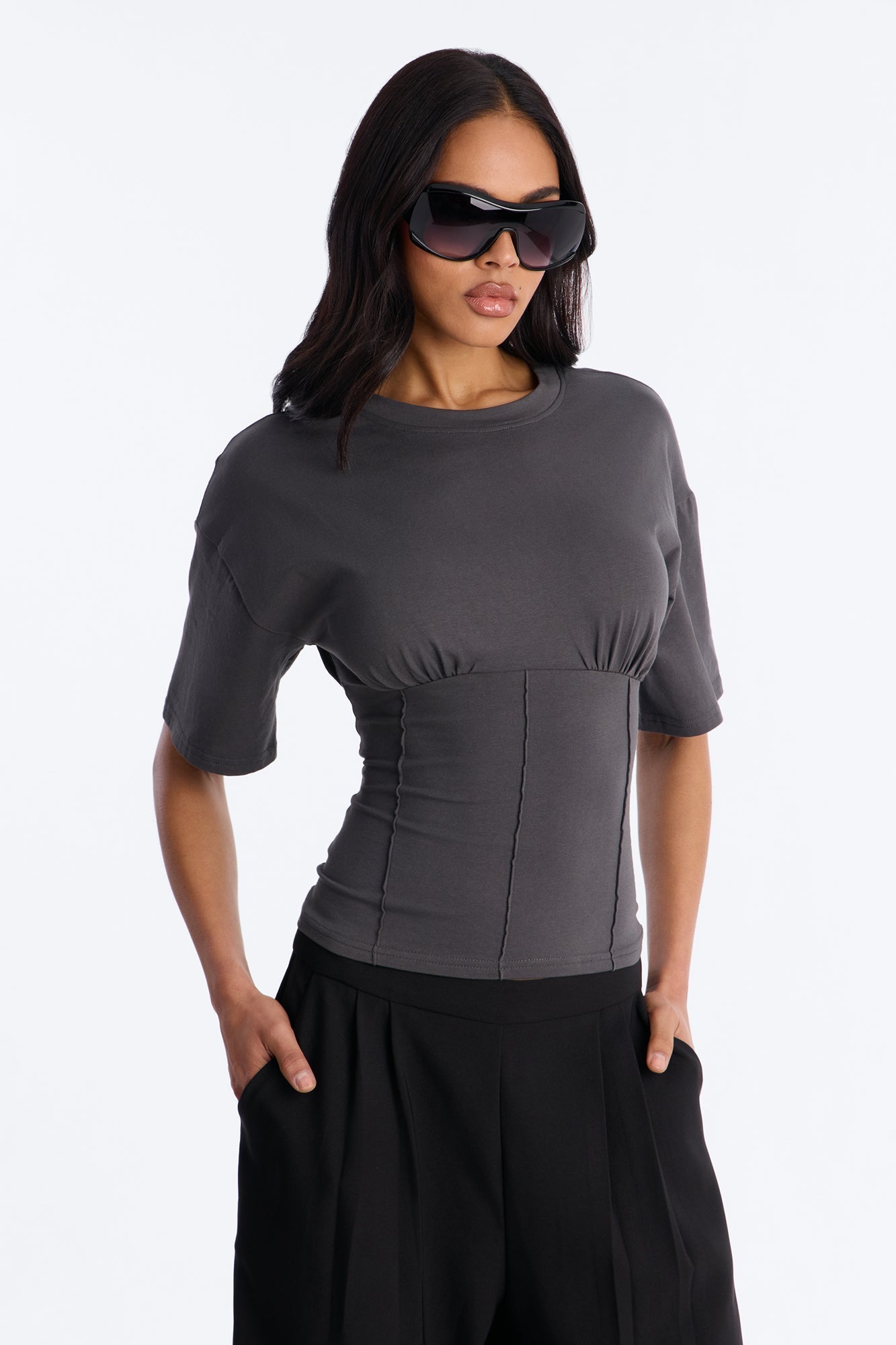 Kaylee Cinched Waist Short Sleeve T-Shirt - Charcoal NEWFASHIONEDGE