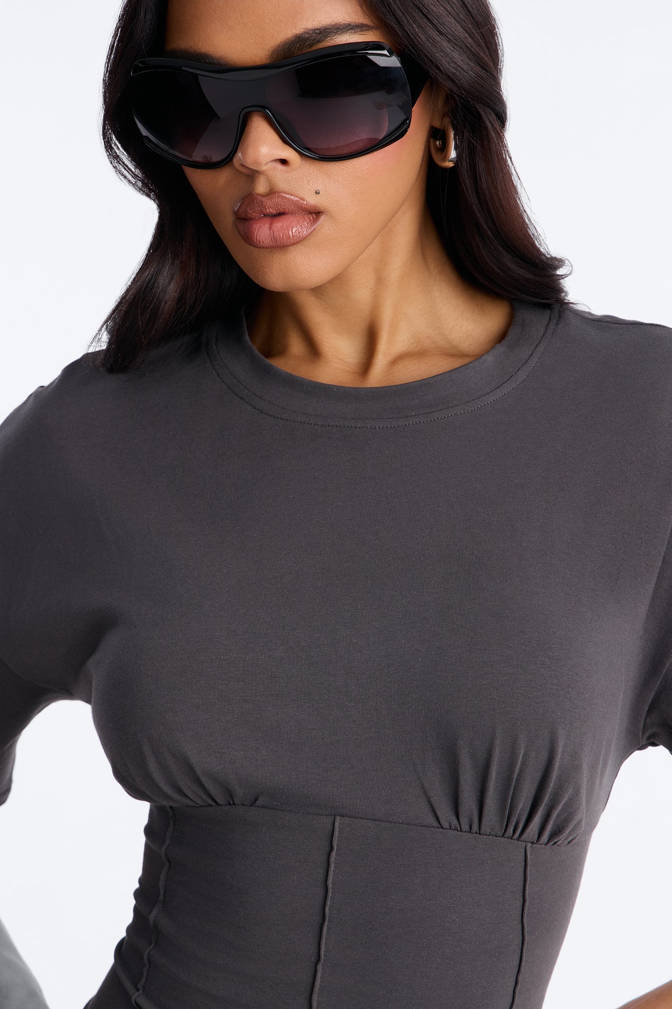 Kaylee Cinched Waist Short Sleeve T-Shirt - Charcoal NEWFASHIONEDGE