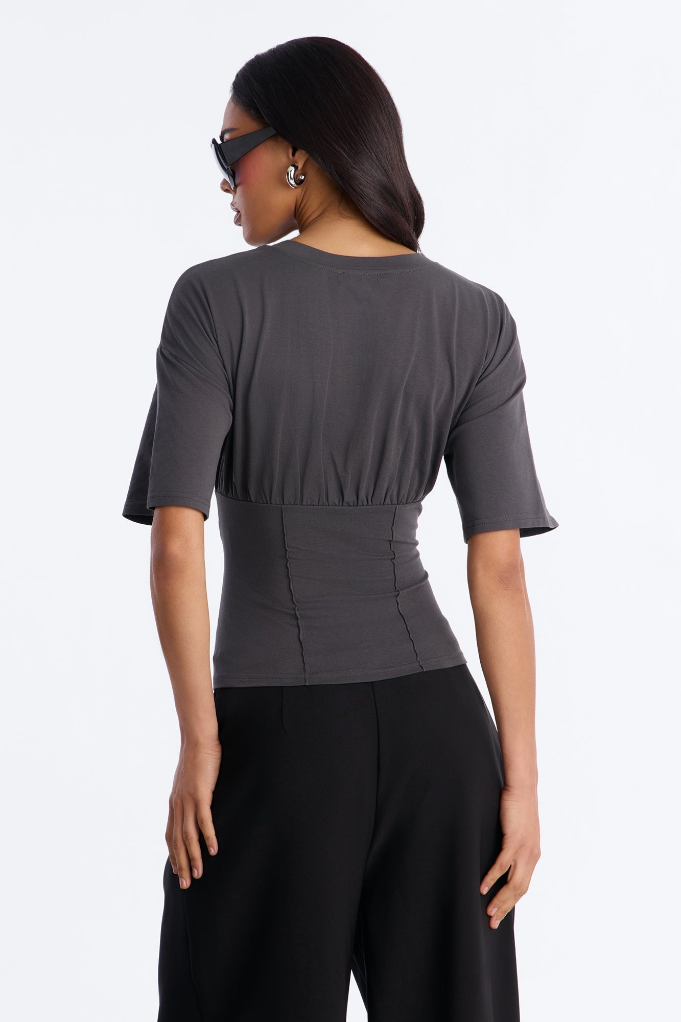Kaylee Cinched Waist Short Sleeve T-Shirt - Charcoal NEWFASHIONEDGE
