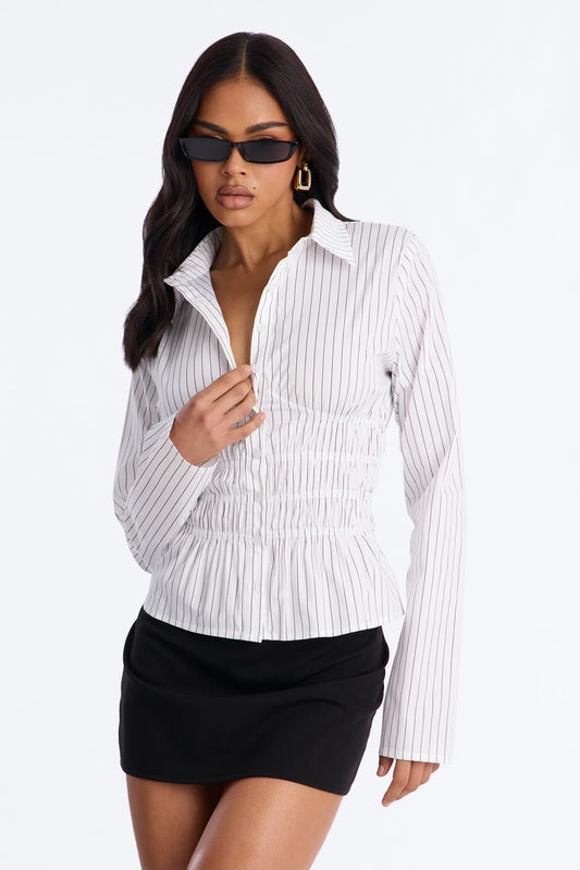 All In The Details Smocked Stripe Poplin Shirt - Black/combo