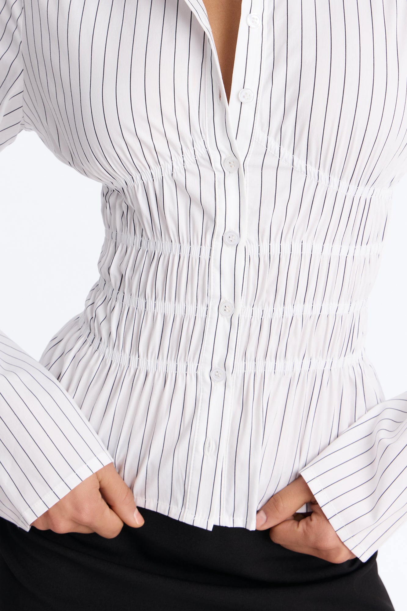 All In The Details Smocked Stripe Poplin Shirt - Black/combo