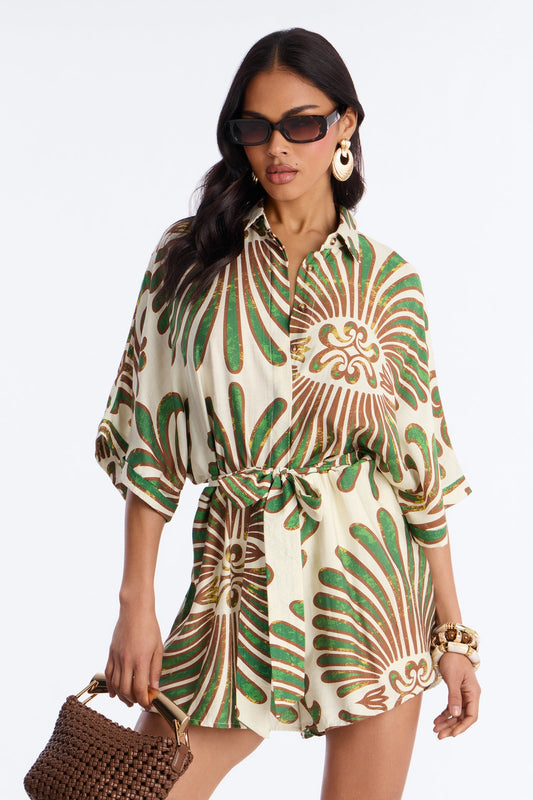 On Island Time Tropical Romper - Green/combo Fashion Nova
