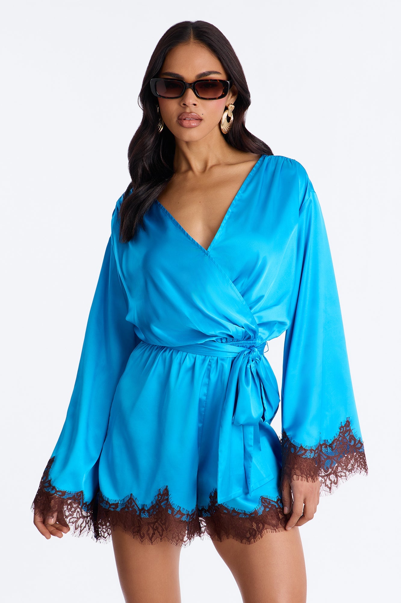 Cherie Satin Lace Trim Romper - Blue
