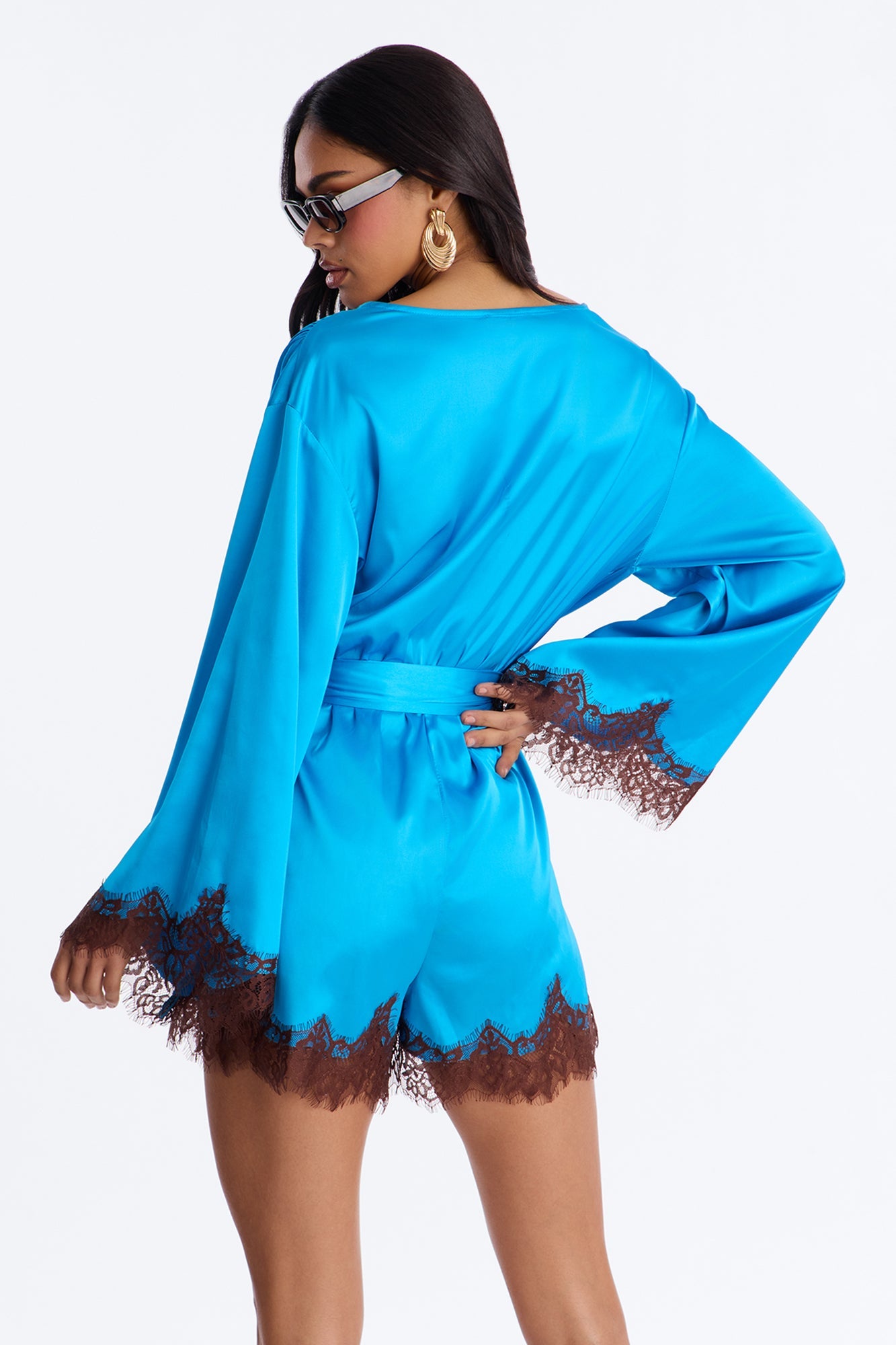 Cherie Satin Lace Trim Romper - Blue