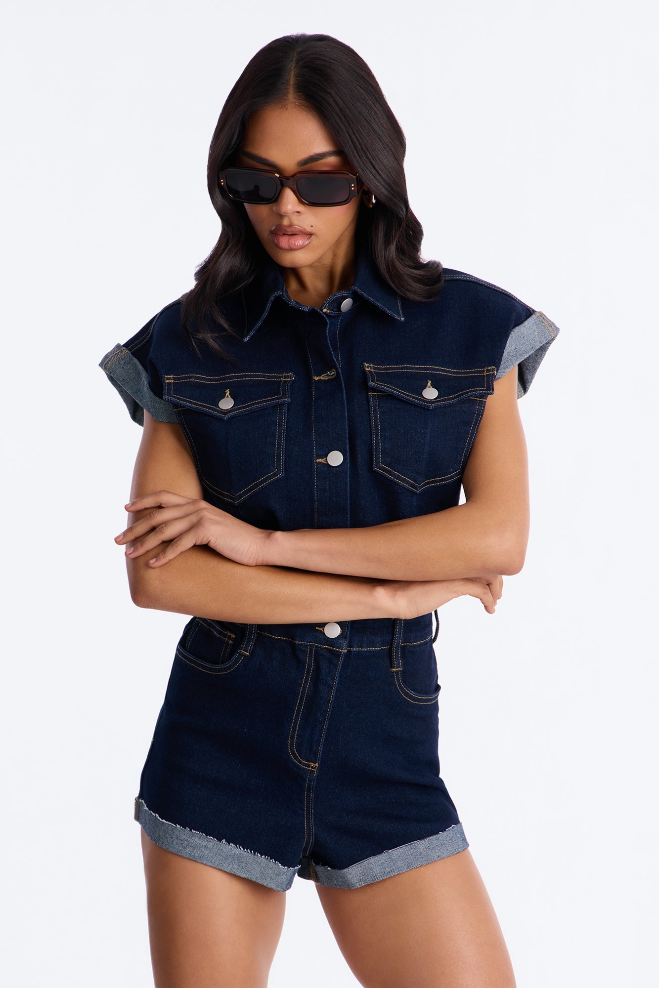 Know You Better Denim Romper - Dark Denim