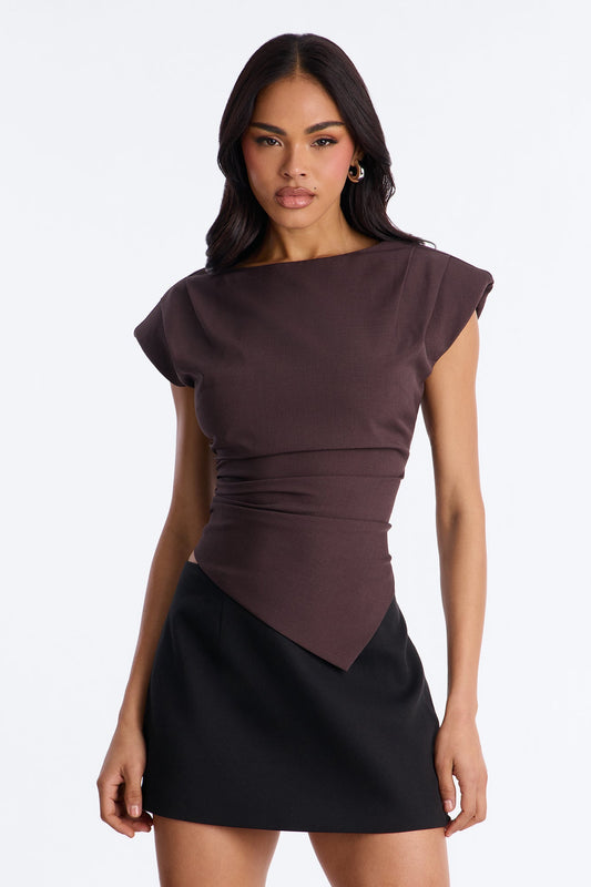 Girl At Work Shoulder Pads Ruched Top - Brown