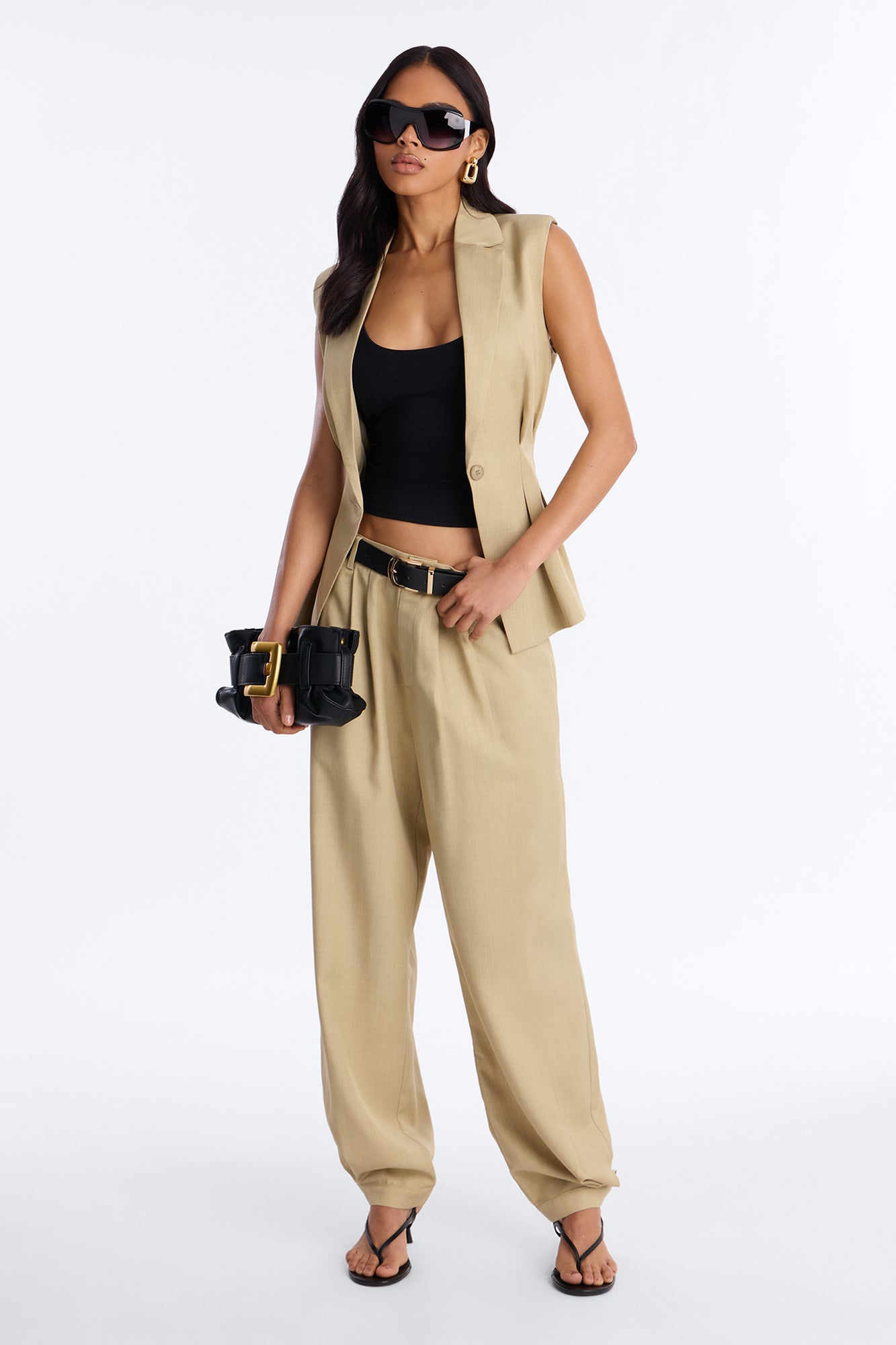 Christina Cinched Waist Pleated Blazer Vest - Sage