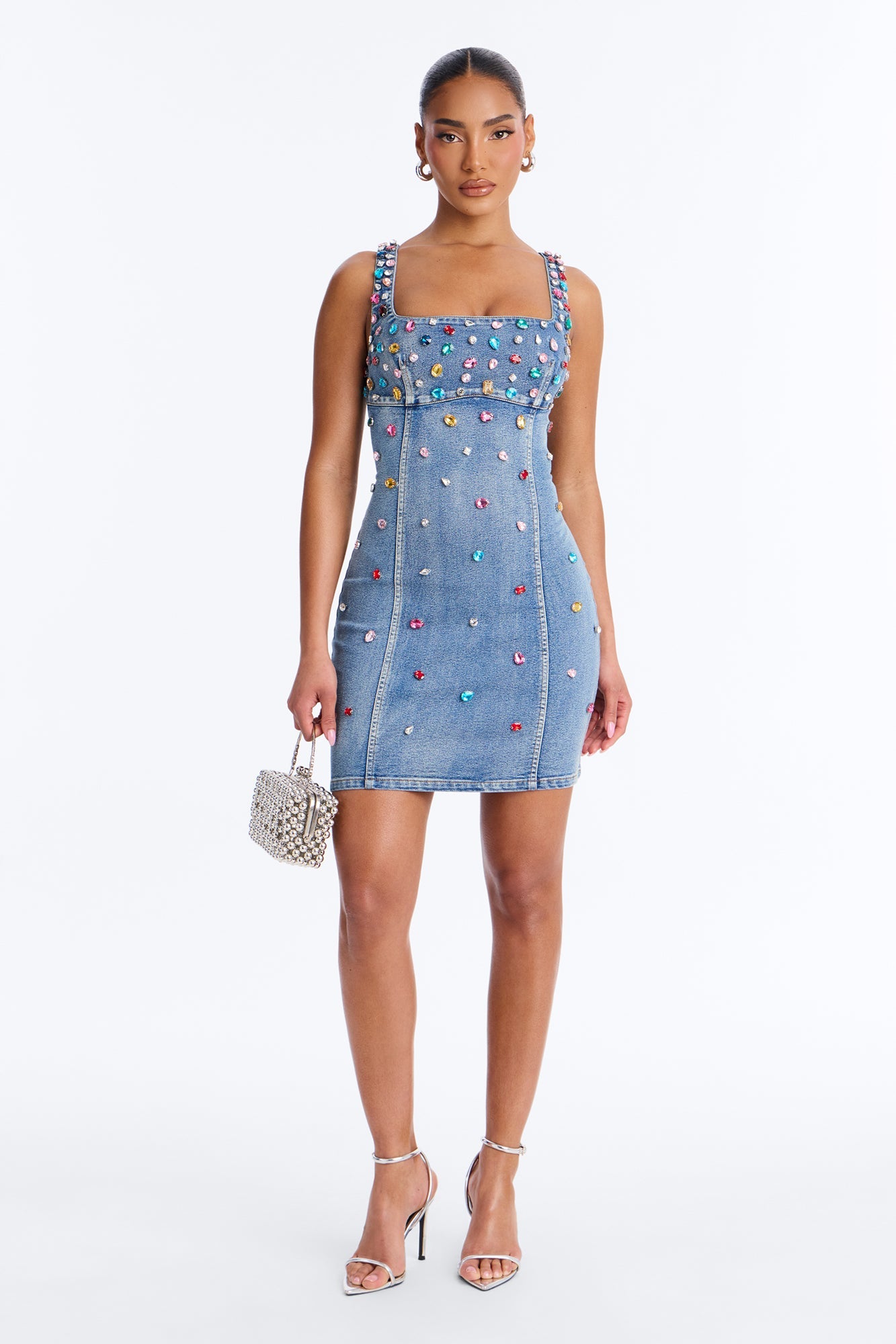 What A Gem Rhinestone Denim Mini Dress - Denim Fashion Nova