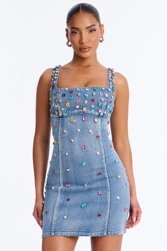 What A Gem Rhinestone Denim Mini Dress - Denim Fashion Nova