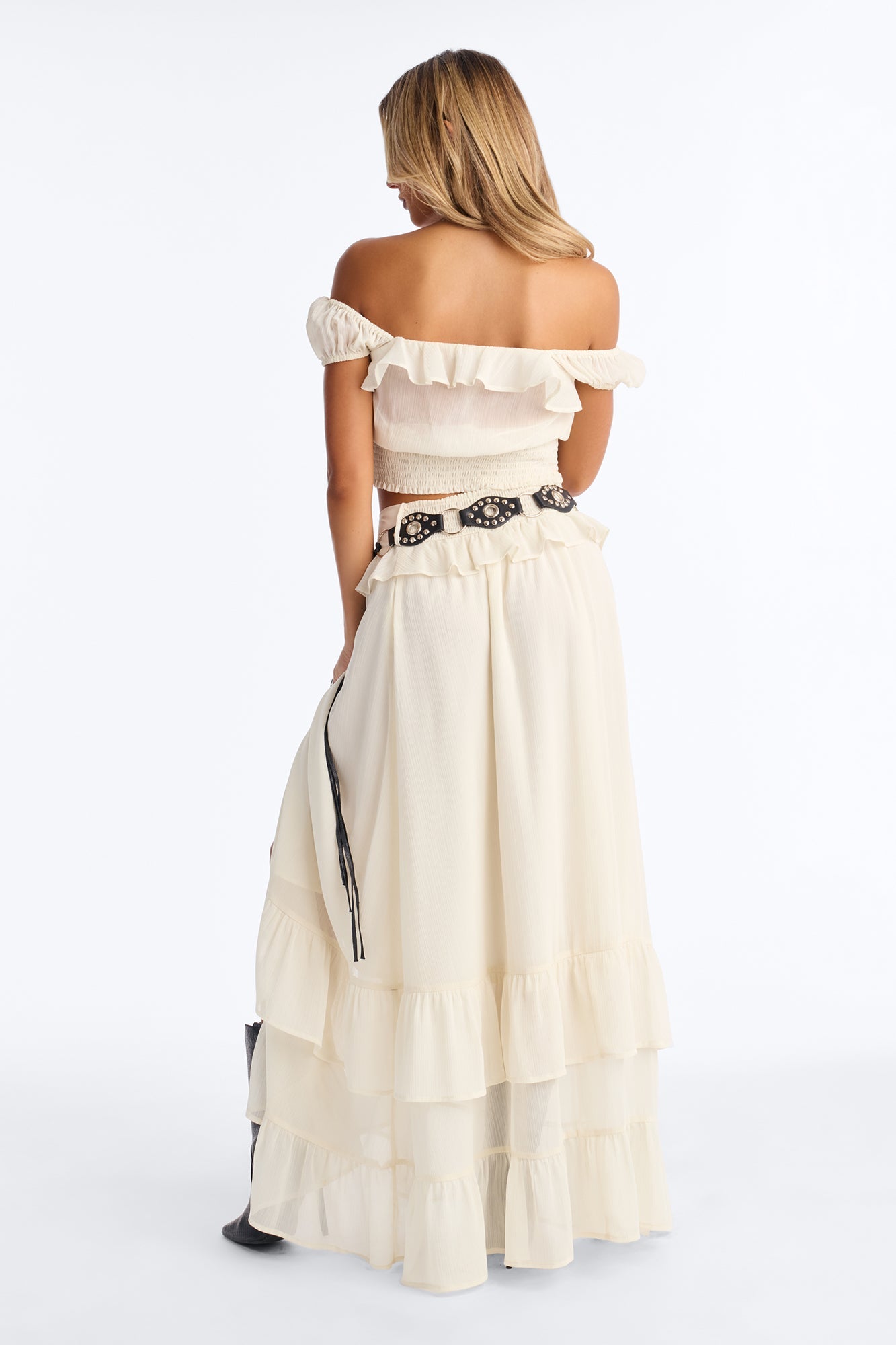 Odessa Ruffle Belted Maxi Skirt Set - Cream