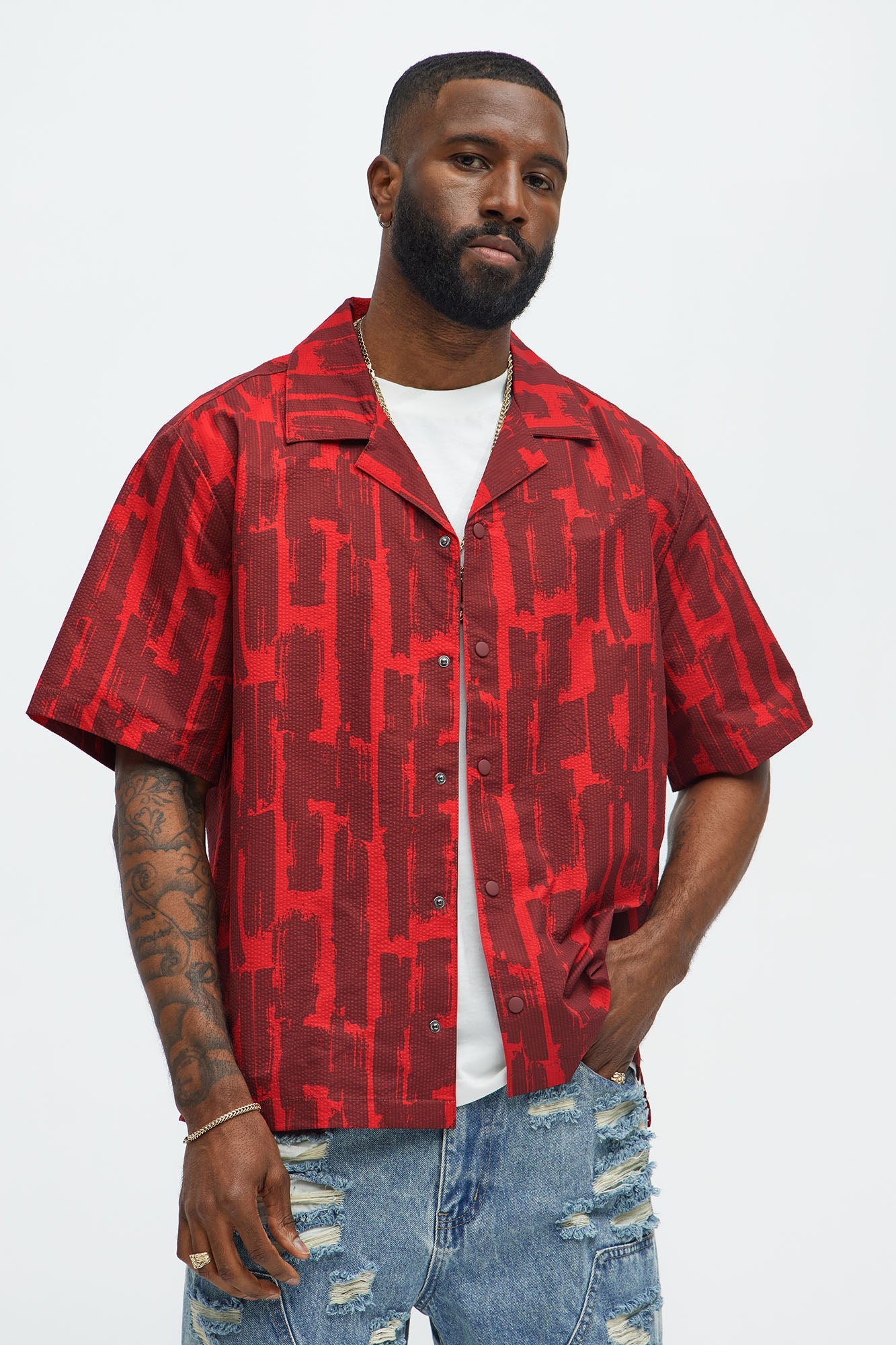 Seersucker Printed Short Sleeve Cuban Collar Shirt - Red/combo