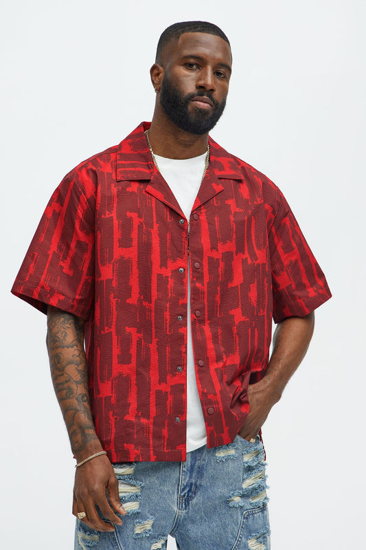 Seersucker Printed Short Sleeve Cuban Collar Shirt - Red/combo