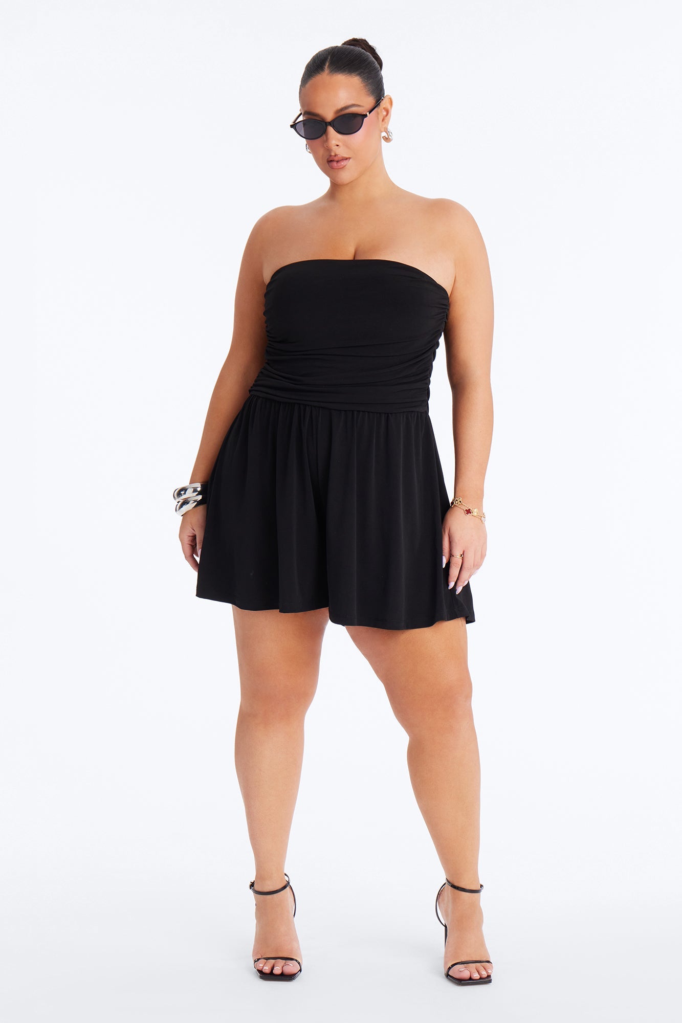 Krisha Strapless Flowy Romper - Black Fashion Nova