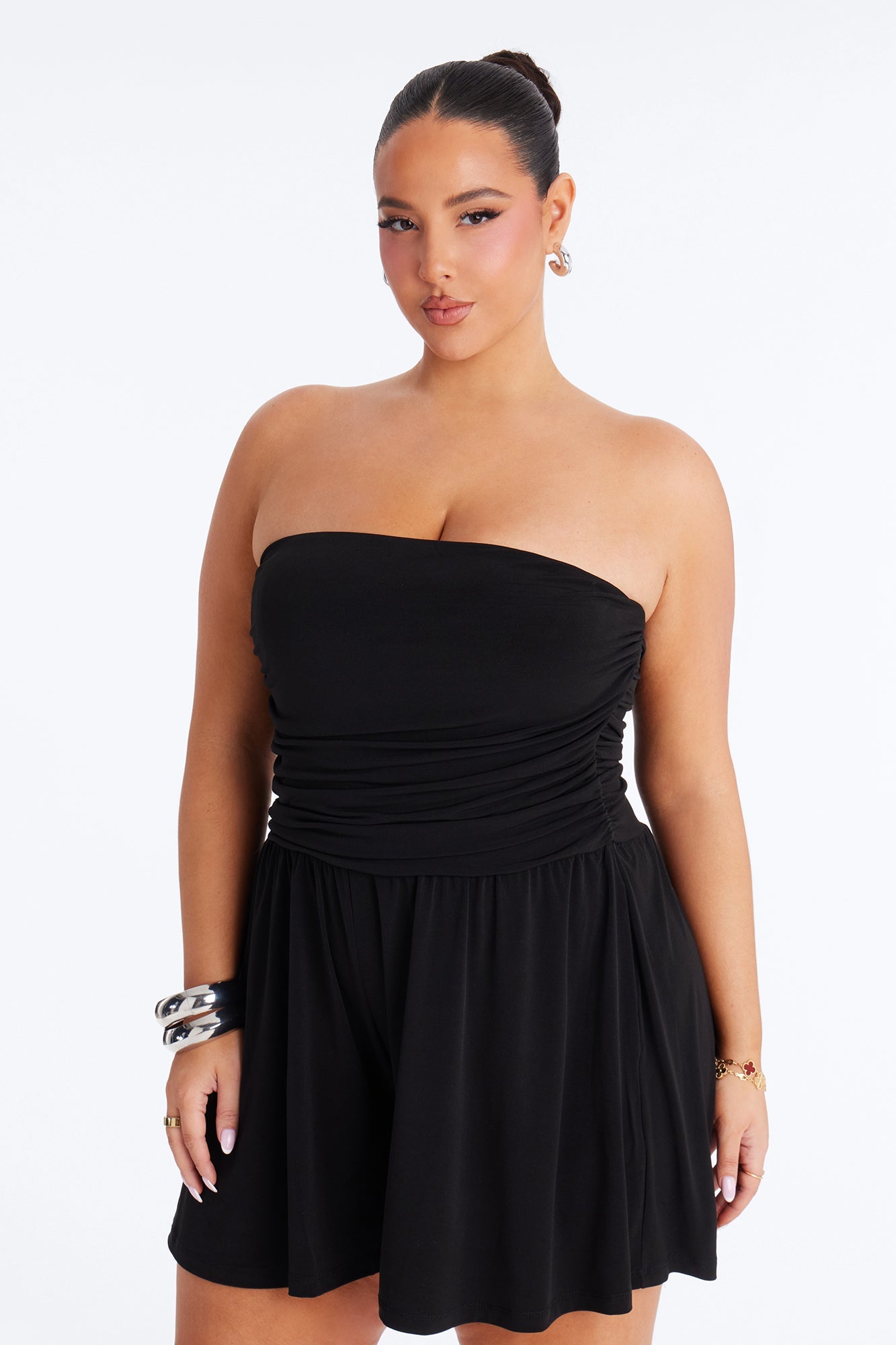 Krisha Strapless Flowy Romper - Black Fashion Nova