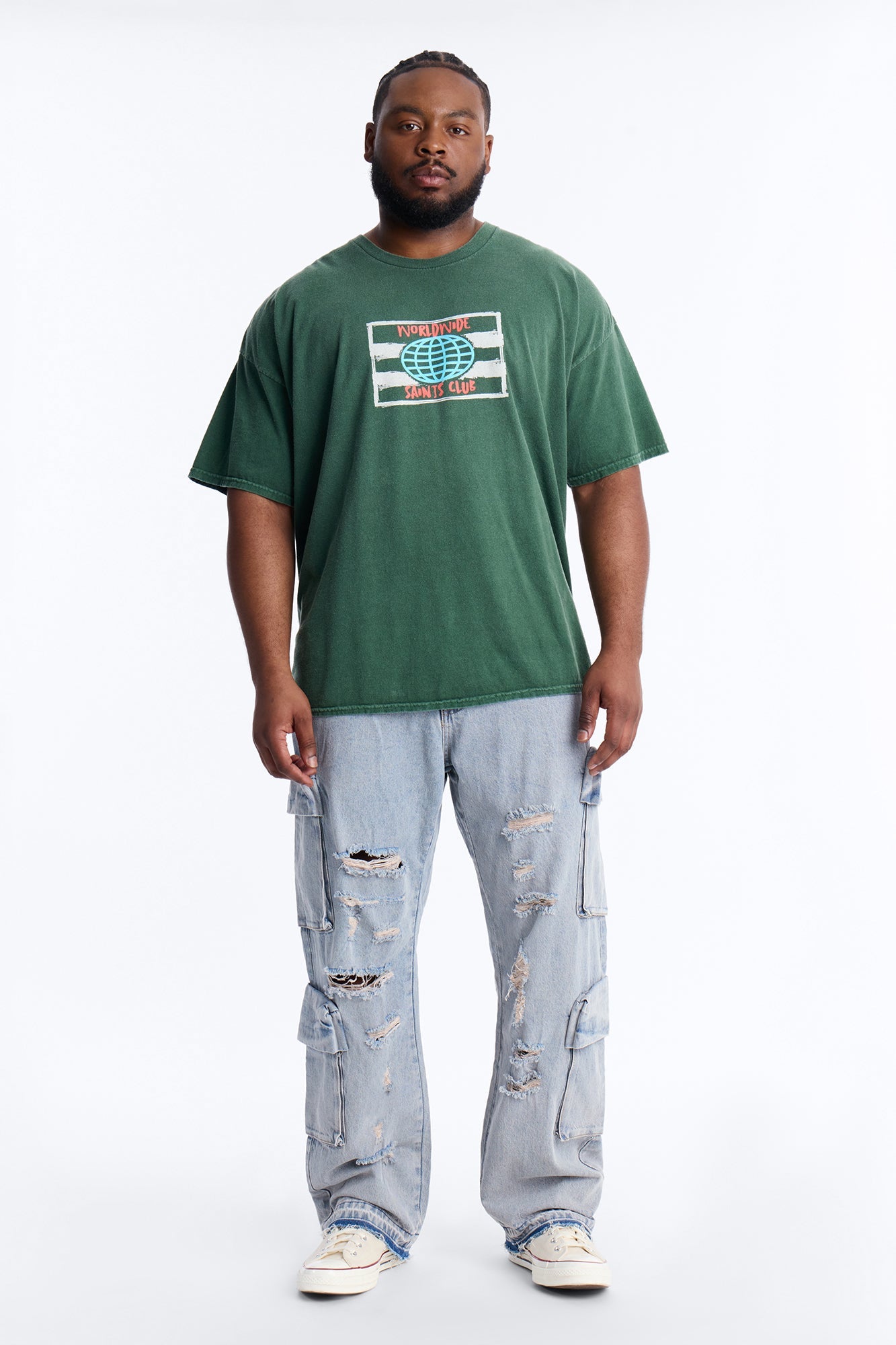 Straight Fractured Cargo Jean - Light Wash