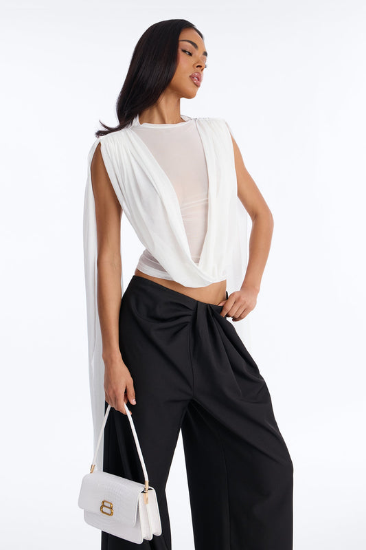 Ethereal Energy Mesh Mock Neck Drape Top - White