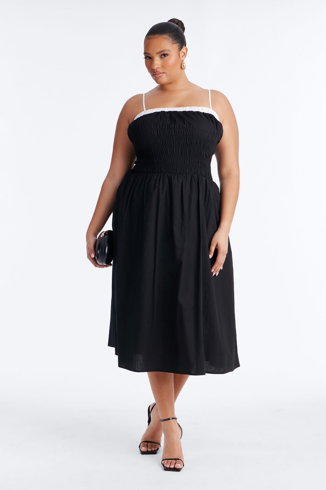 Sabrina Ruched Poplin Midi Dress - Black/White Fashion Nova