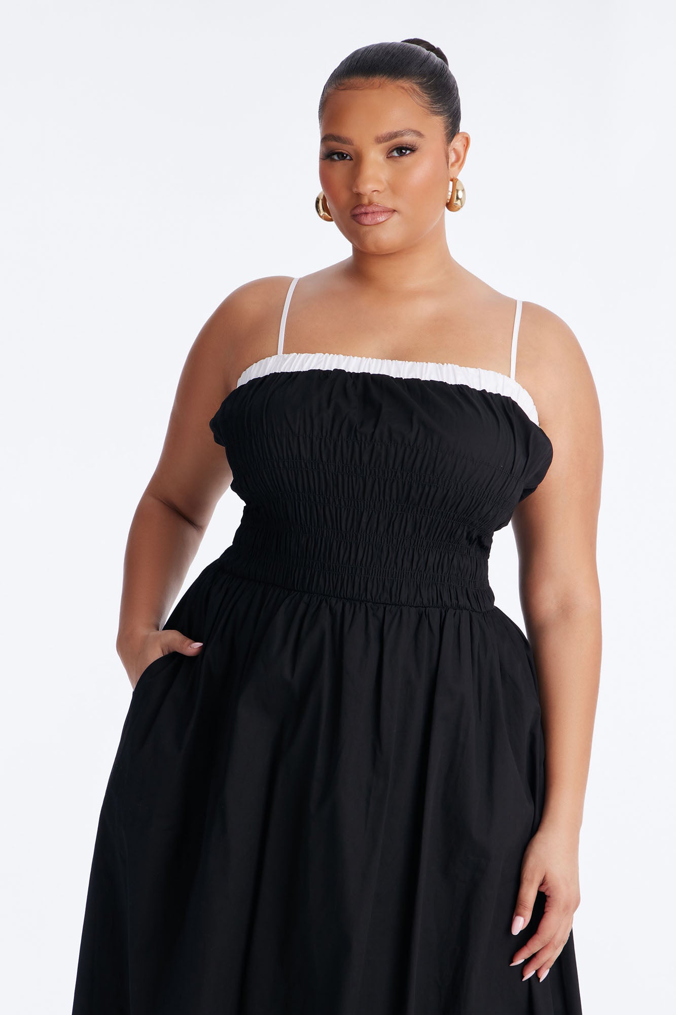 Sabrina Ruched Poplin Midi Dress - Black/White Fashion Nova