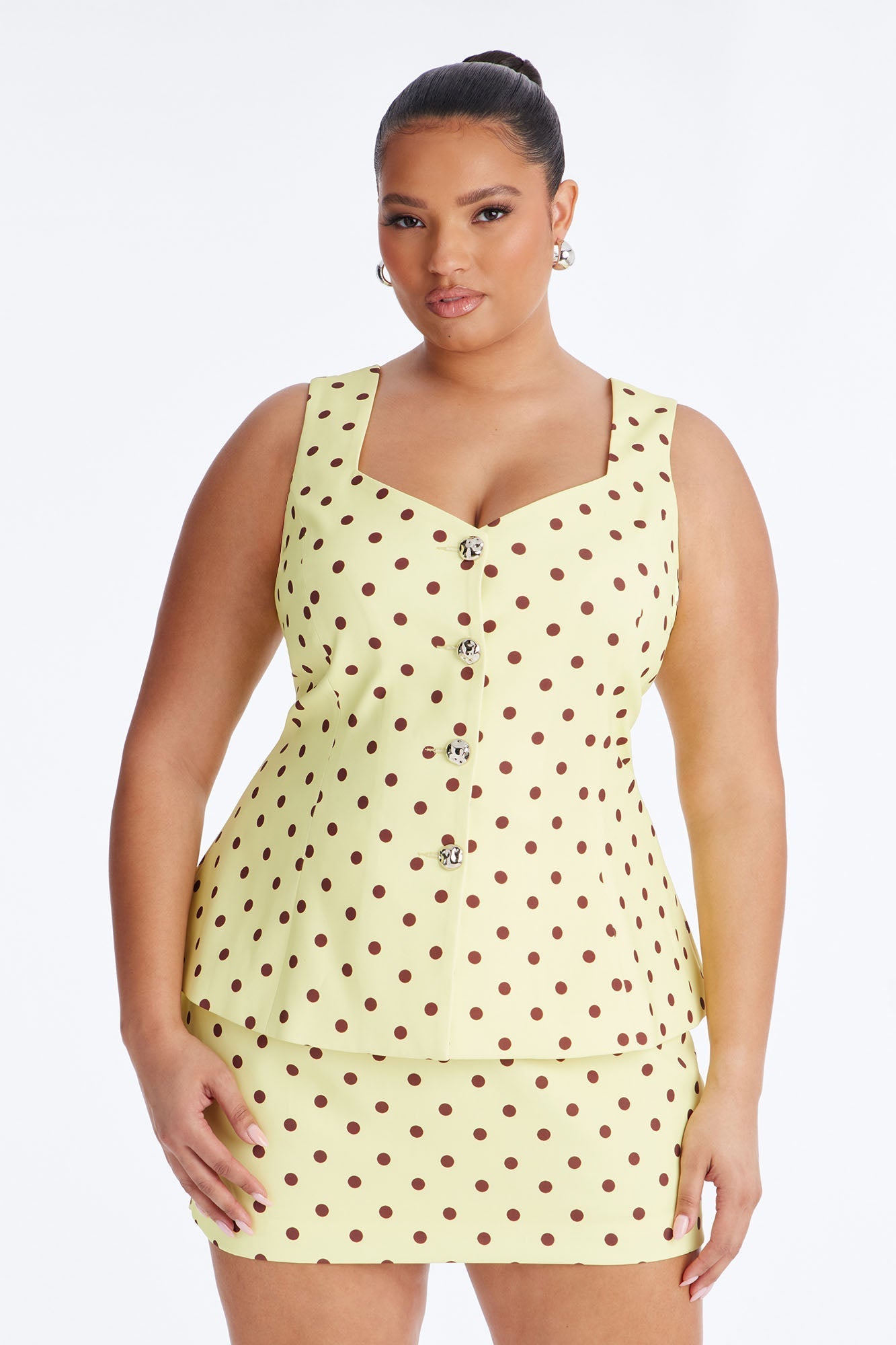 Cori Polka Dot Vest Mini Skirt Set - Yellow/combo NEWFASHIONEDGE