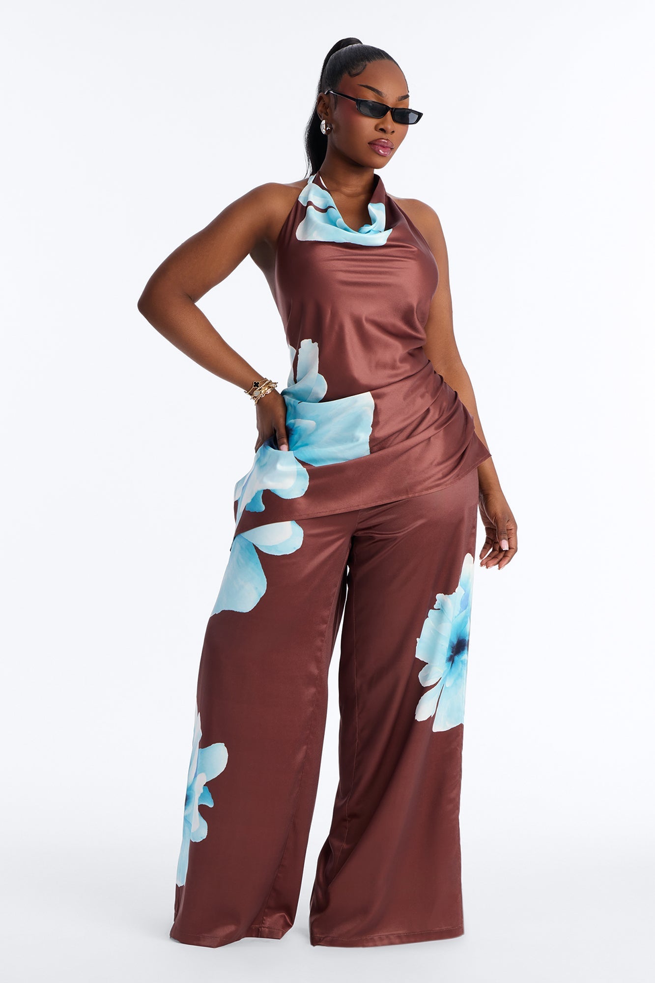 Leora Satin Halter Cowl Neck Top - Brown Combo