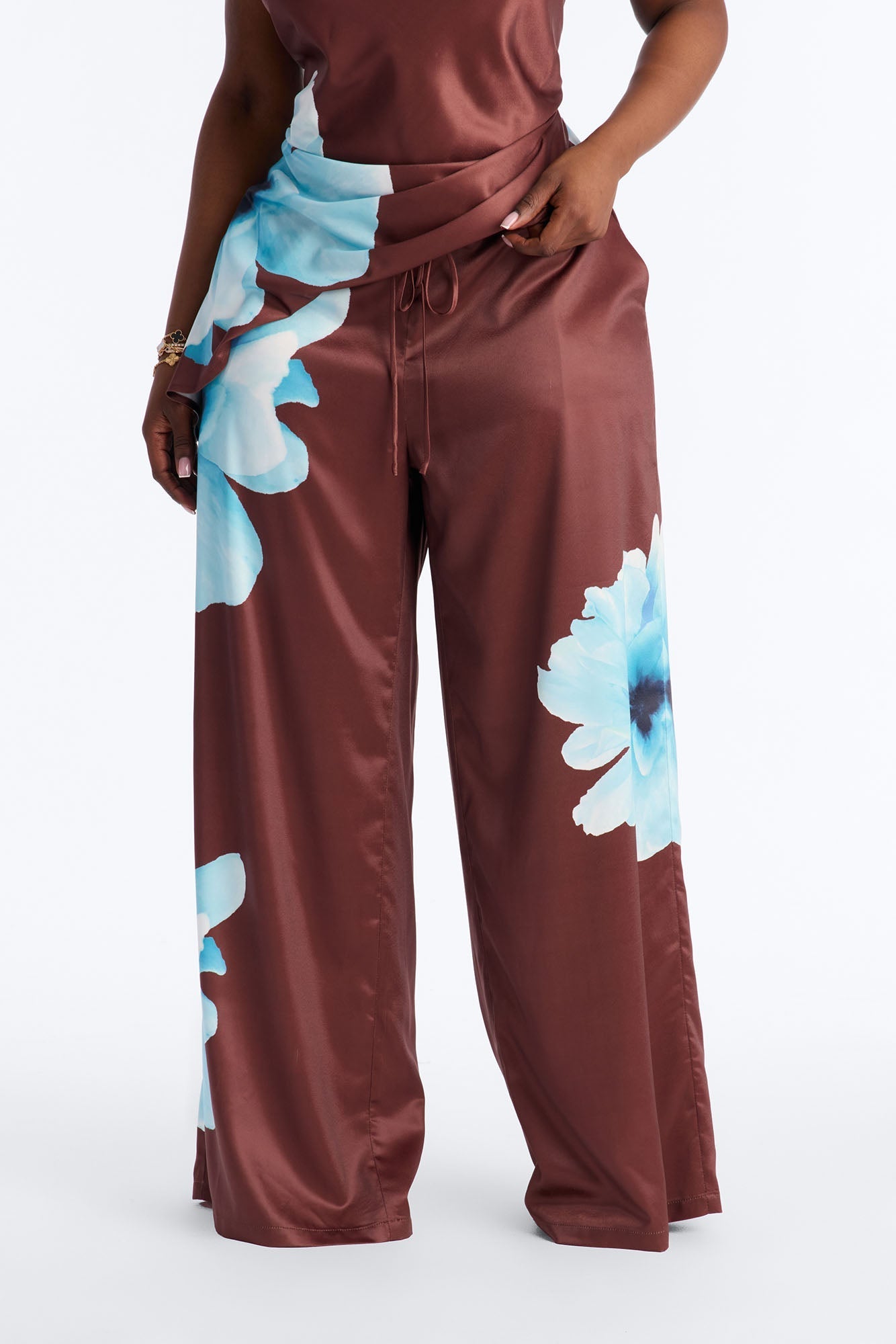 Leora Satin Drawstring Pant - Brown Combo