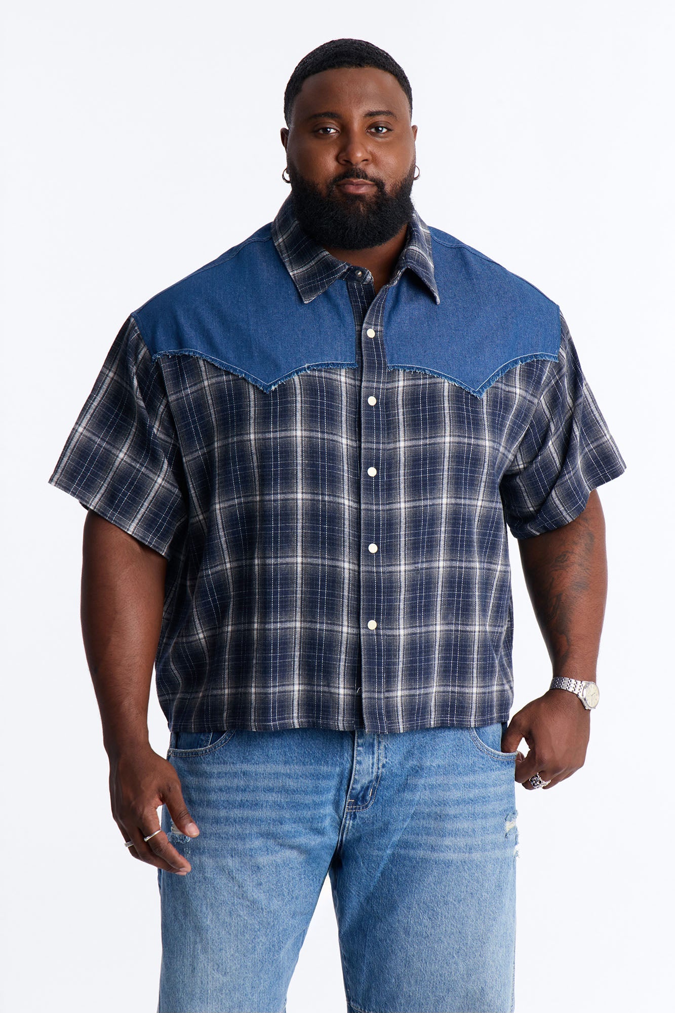 Sundown Mixed Media Button Up Shirt - Black