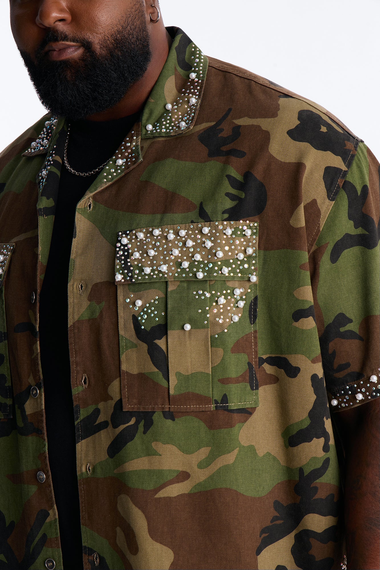 Cropped Pearl World Embellished Shirt - Camouflage