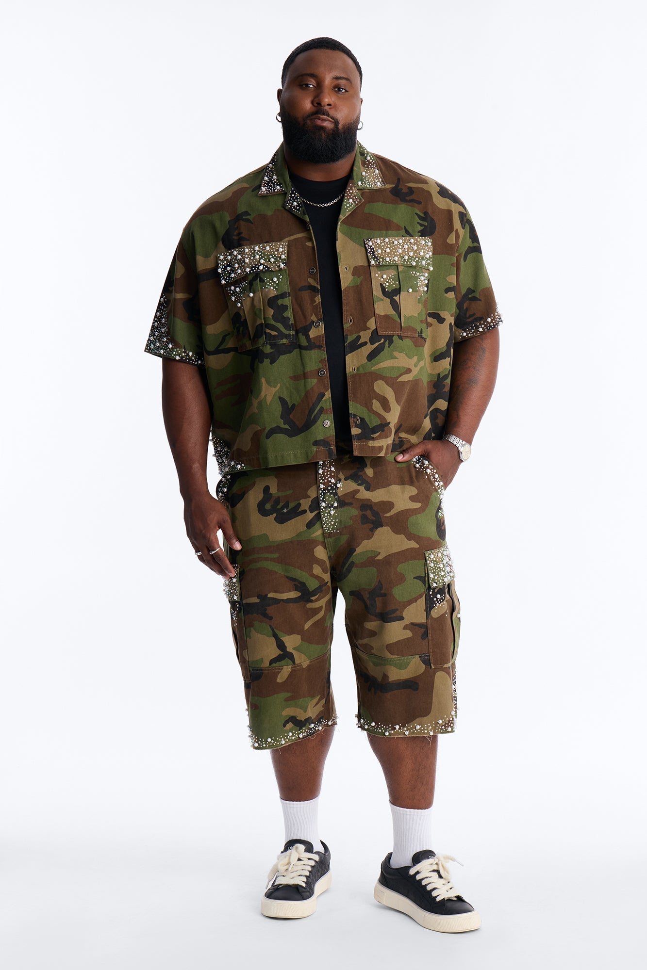 Cropped Pearl World Embellished Shirt - Camouflage