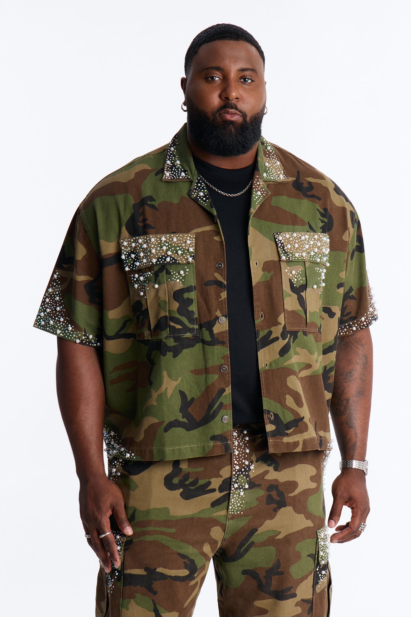 Cropped Pearl World Embellished Shirt - Camouflage