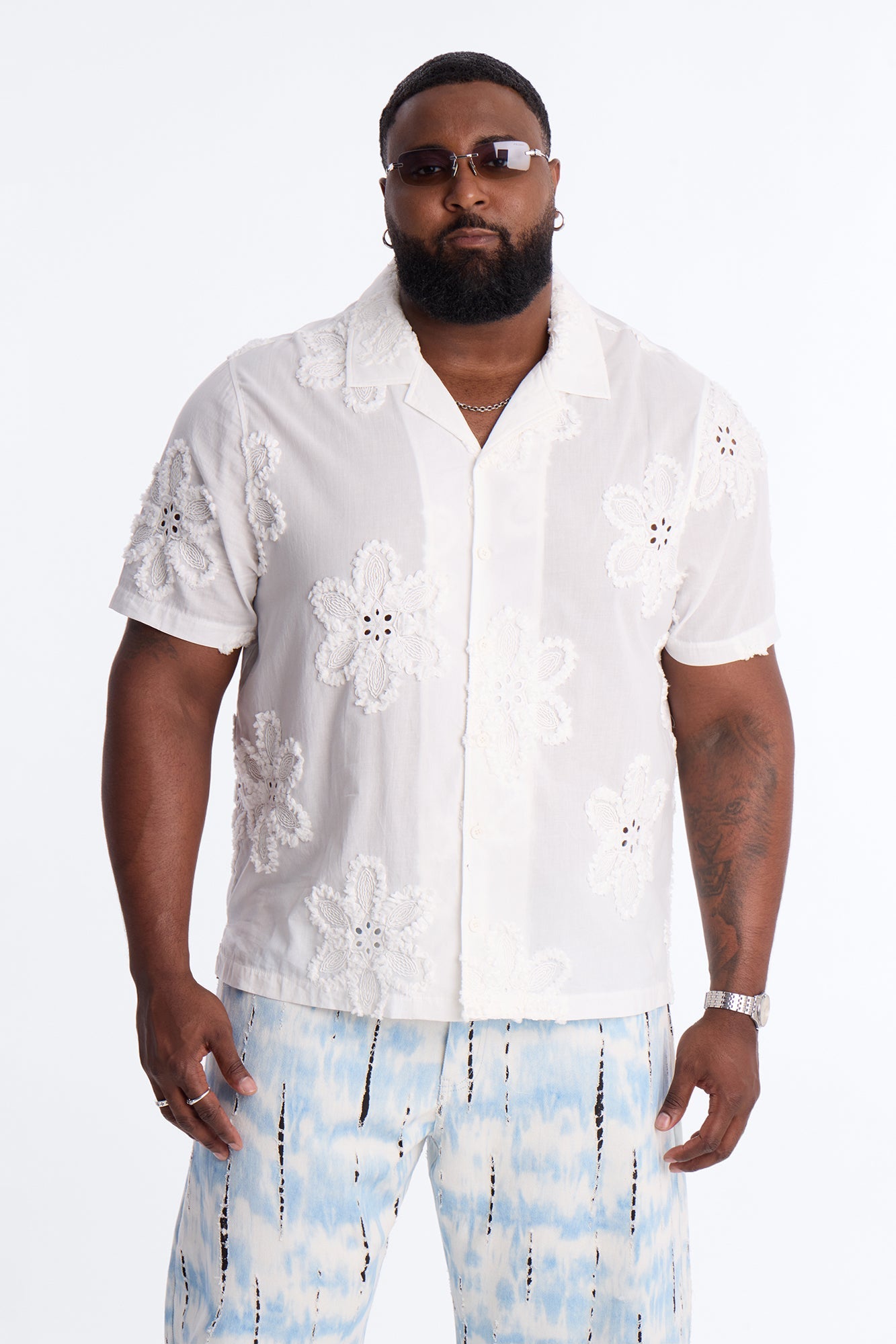 Dusty Bloom Cuban Collar Shirt - White