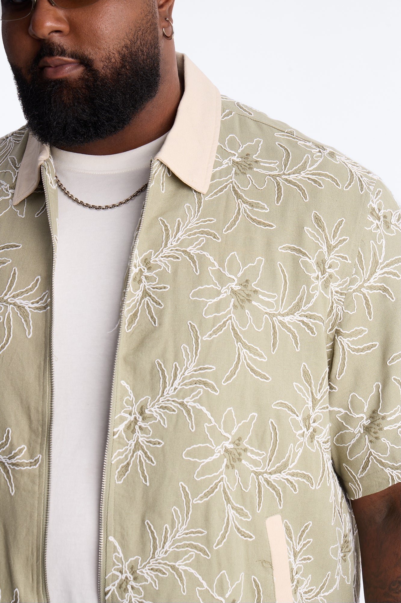Relaxed Island Riot Embroidered Zip Shirt - Olive