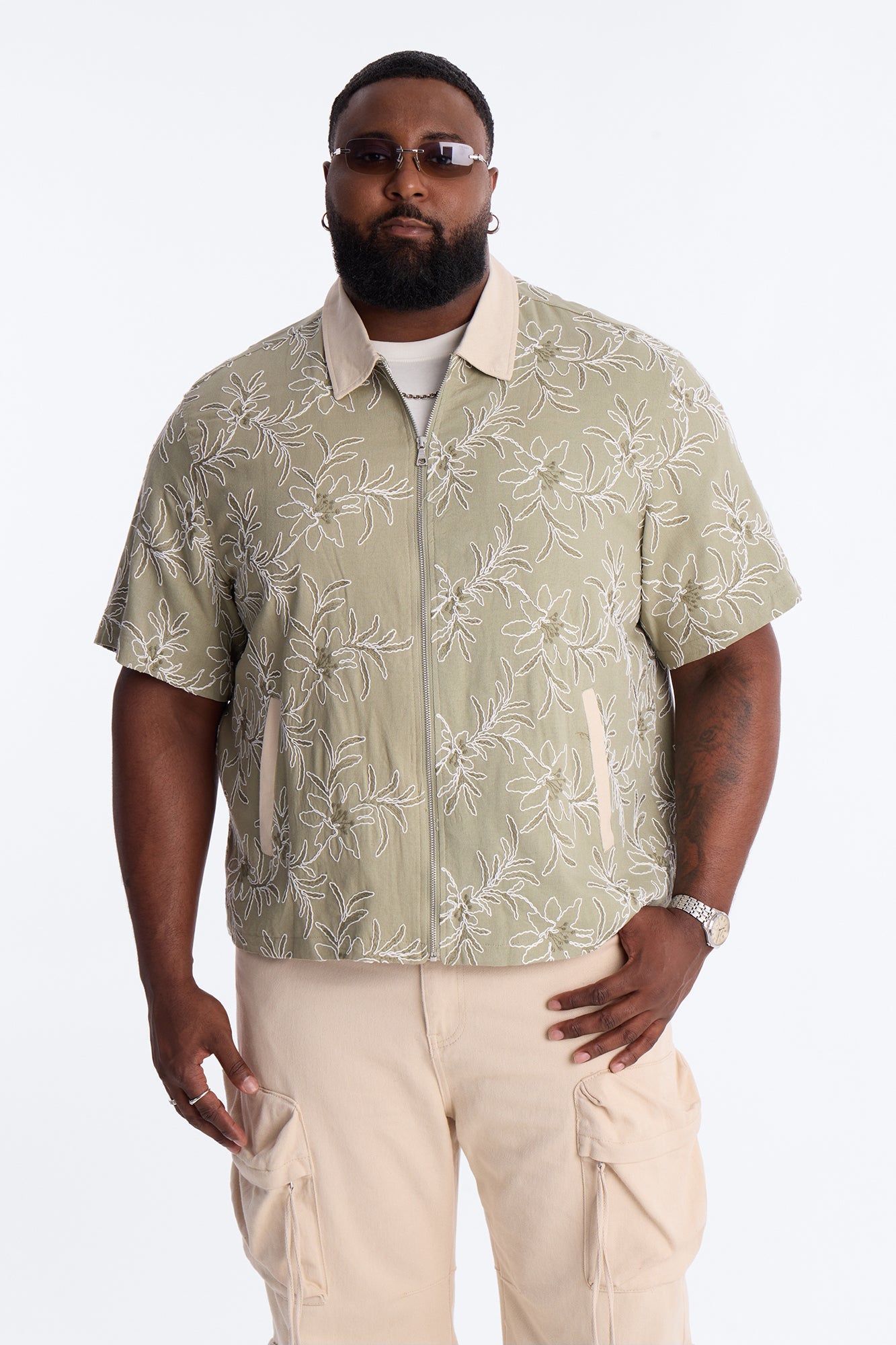 Relaxed Island Riot Embroidered Zip Shirt - Olive